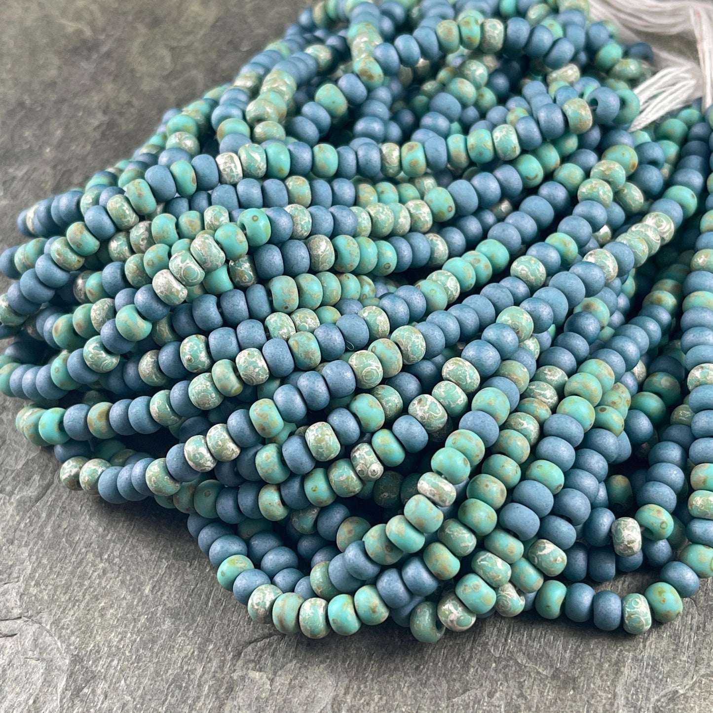 Aged Picasso Seed Beads - 4/0 Matte Denim and Turquoise Picasso Mix (4/0-BlueMatte) * 18" strand