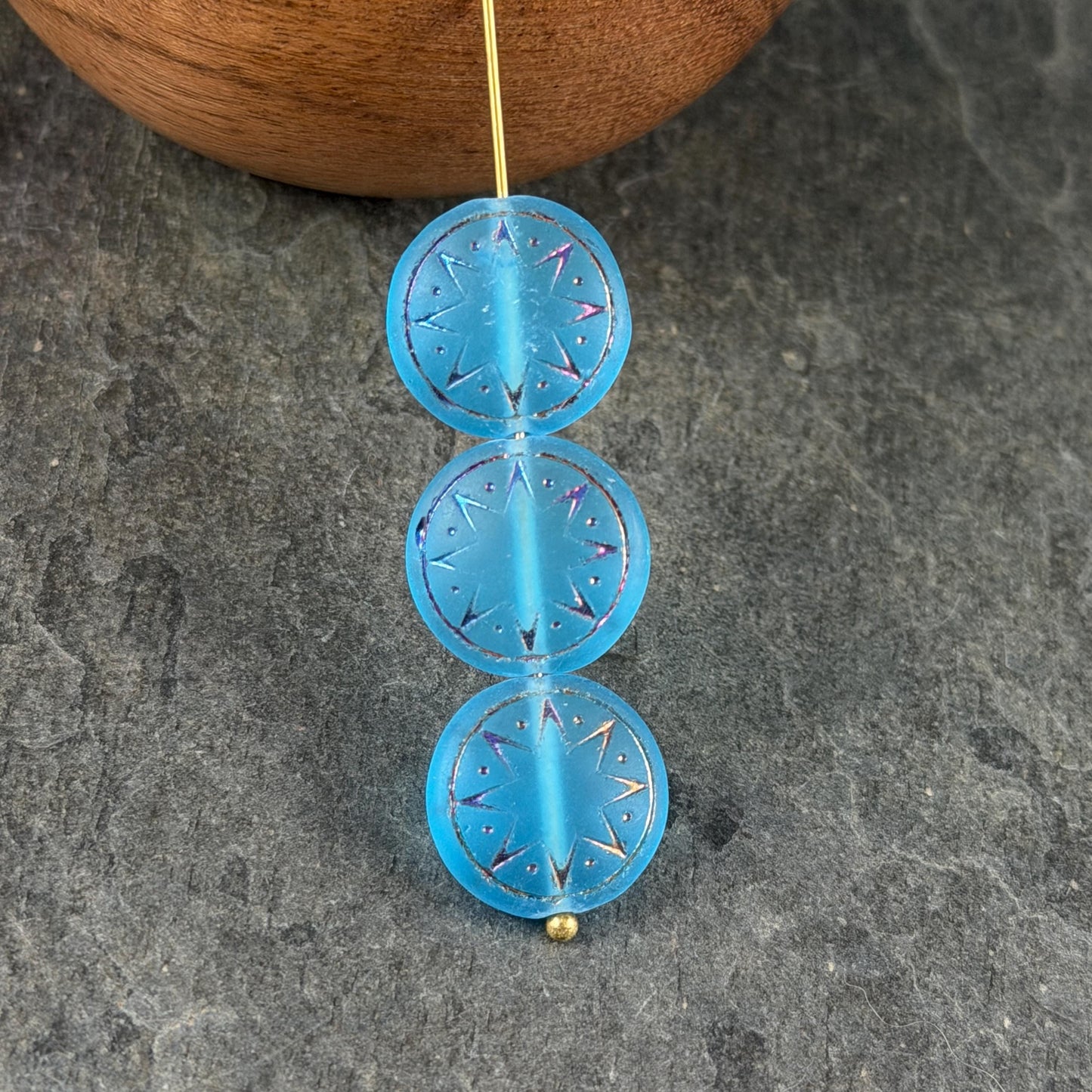Czech Glass Beads - 14mm Star of Ishtar Coin, Matte Capri Blue with Sliperit Finish (PSOI-40) * Qty. 6