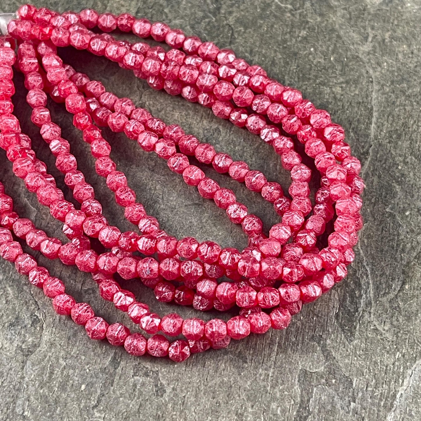 Czech Glass Beads - 4mm English Cut, Ruby Red with Pink Wash and Etched Finish (EC/N-0118) * Qty. 50
