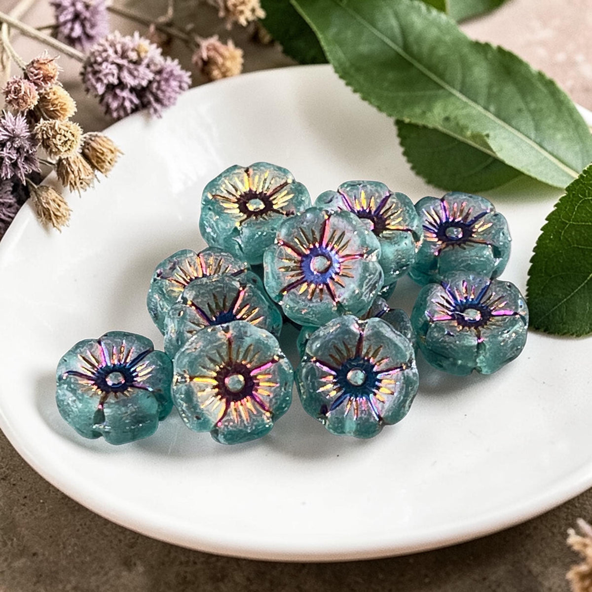 Czech Glass - 12mm Hibiscus Flower, Matte Teal with Rainbow AB Finish (FL12/N-2048) * Qty. 6