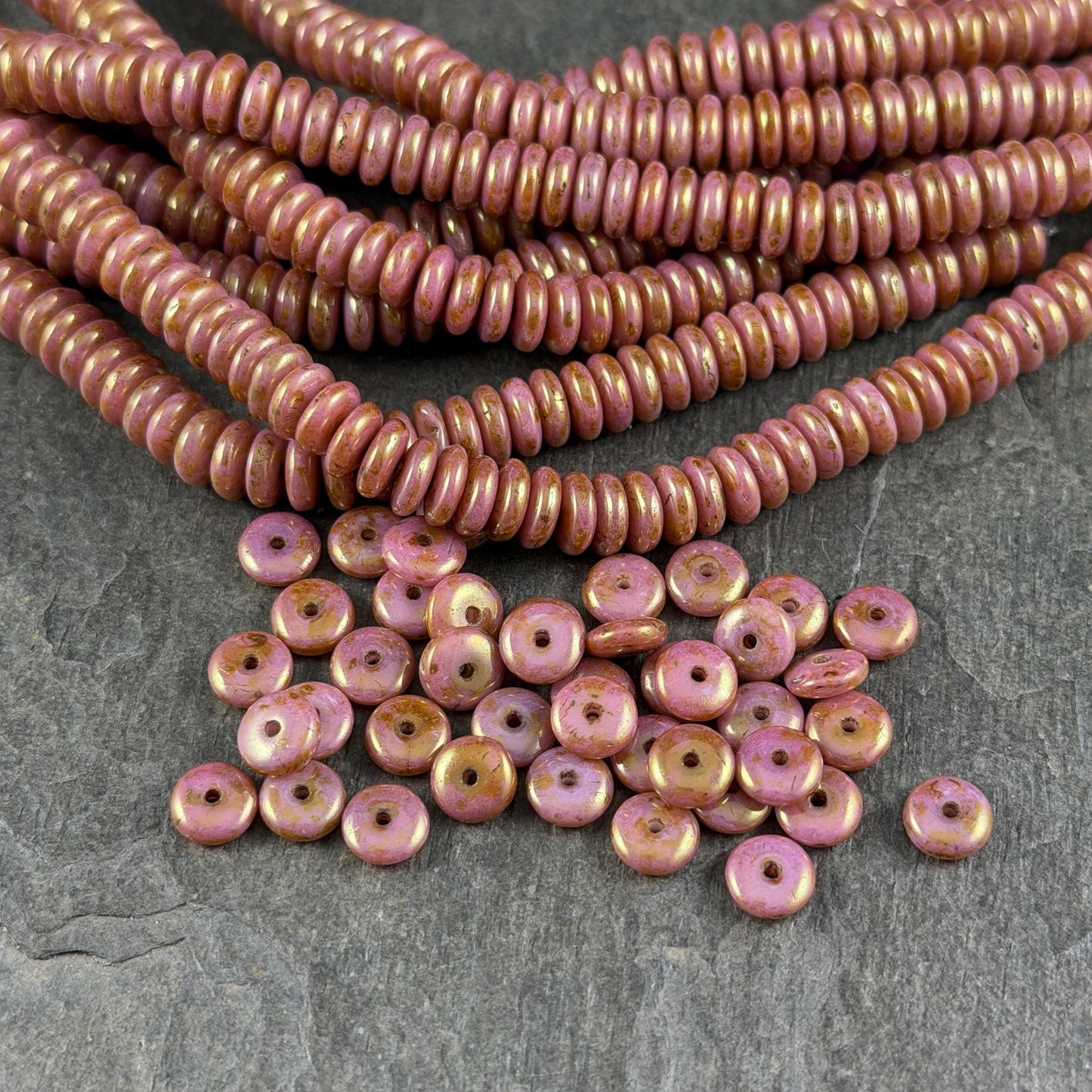 Czech Glass Beads - 6x2mm Heishi Rondelle, Pink and Rose Gold Luster (RD6/SM-P65491) * Qty. 50