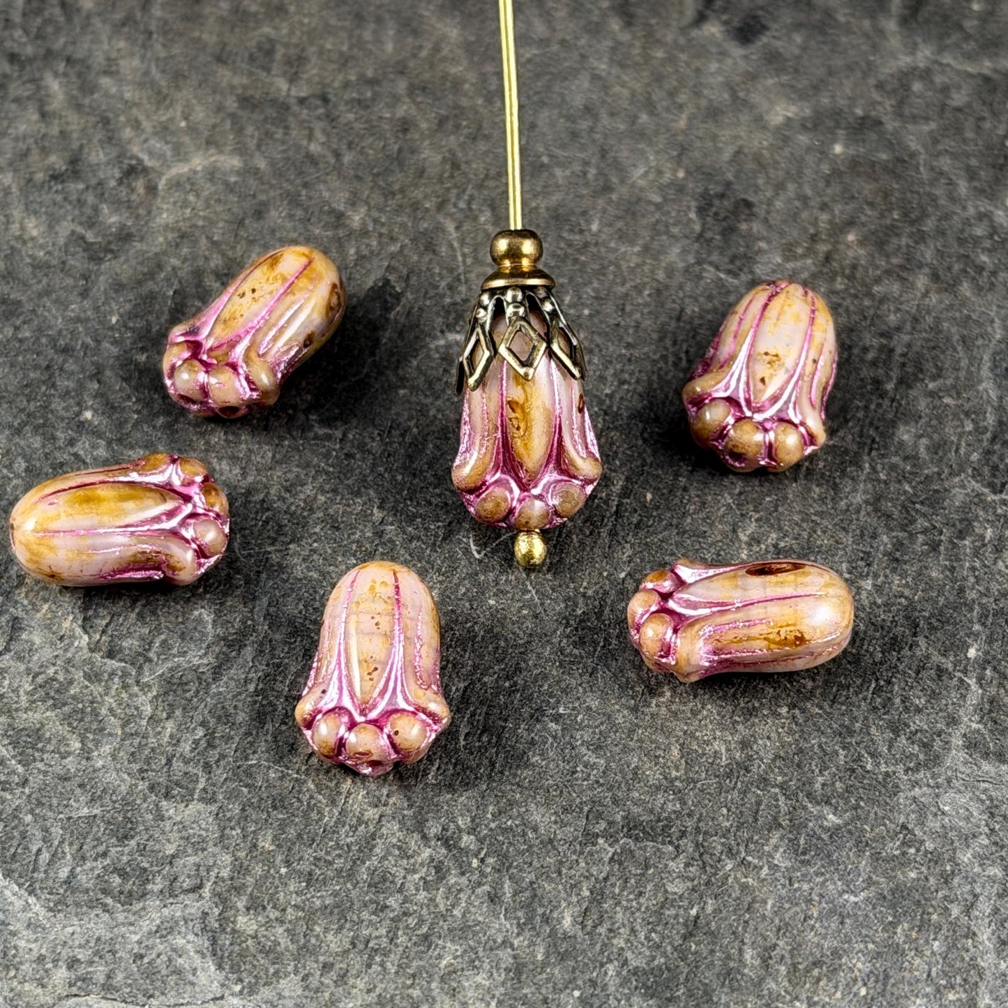 Czech Glass Flower Beads - 12x8mm Lily Bud, Toffee Picasso with Pink Wash (LBud27) * Qty. 12