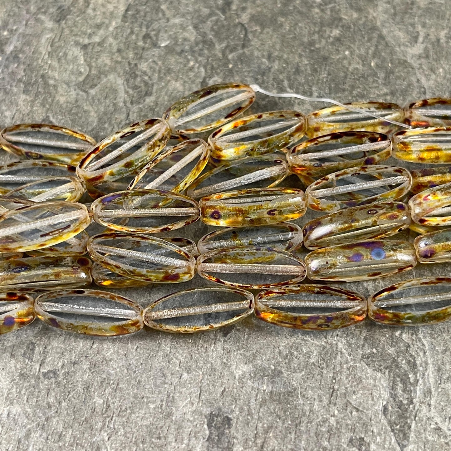 Czech Glass Beads - 16x6mm Table Cut Spindle, Transparent with Brown Picasso (Spndl-TC) * 8 Beads