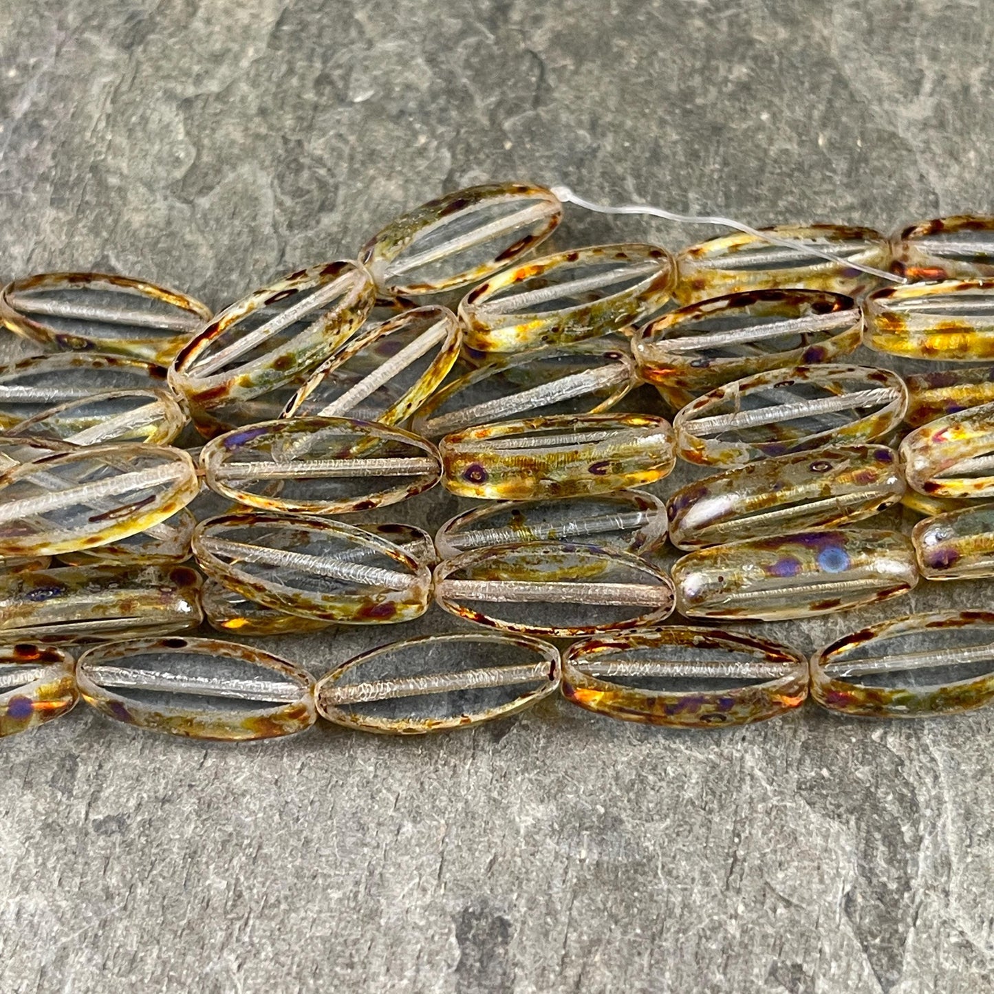 Czech Glass Beads - 16x6mm Table Cut Spindle, Transparent with Brown Picasso (Spndl-TC) * 8 Beads