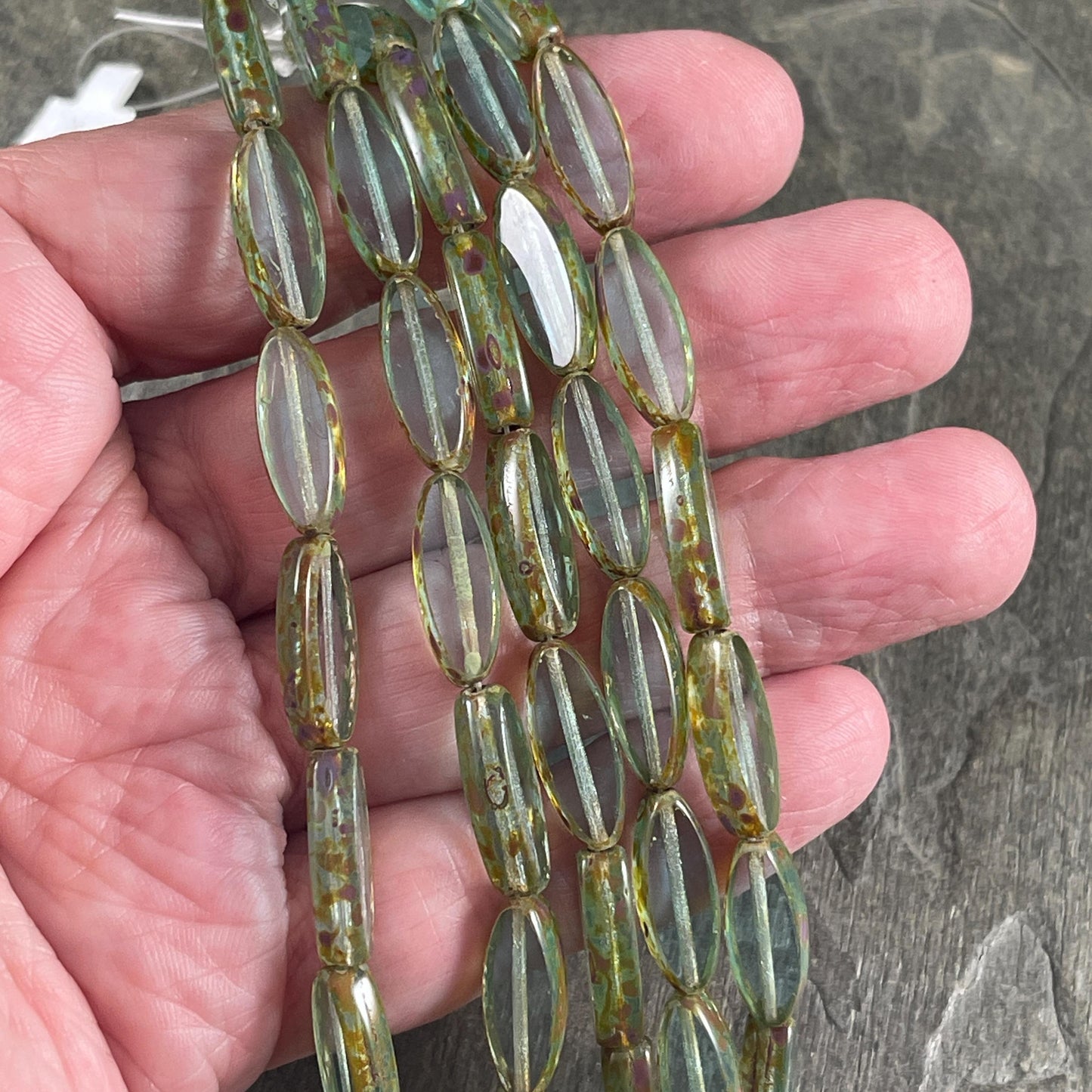 Czech Glass Beads - 16x6mm Table Cut Spindle, Aqua with Brown Picasso (Spndl-TA) * 8 Beads