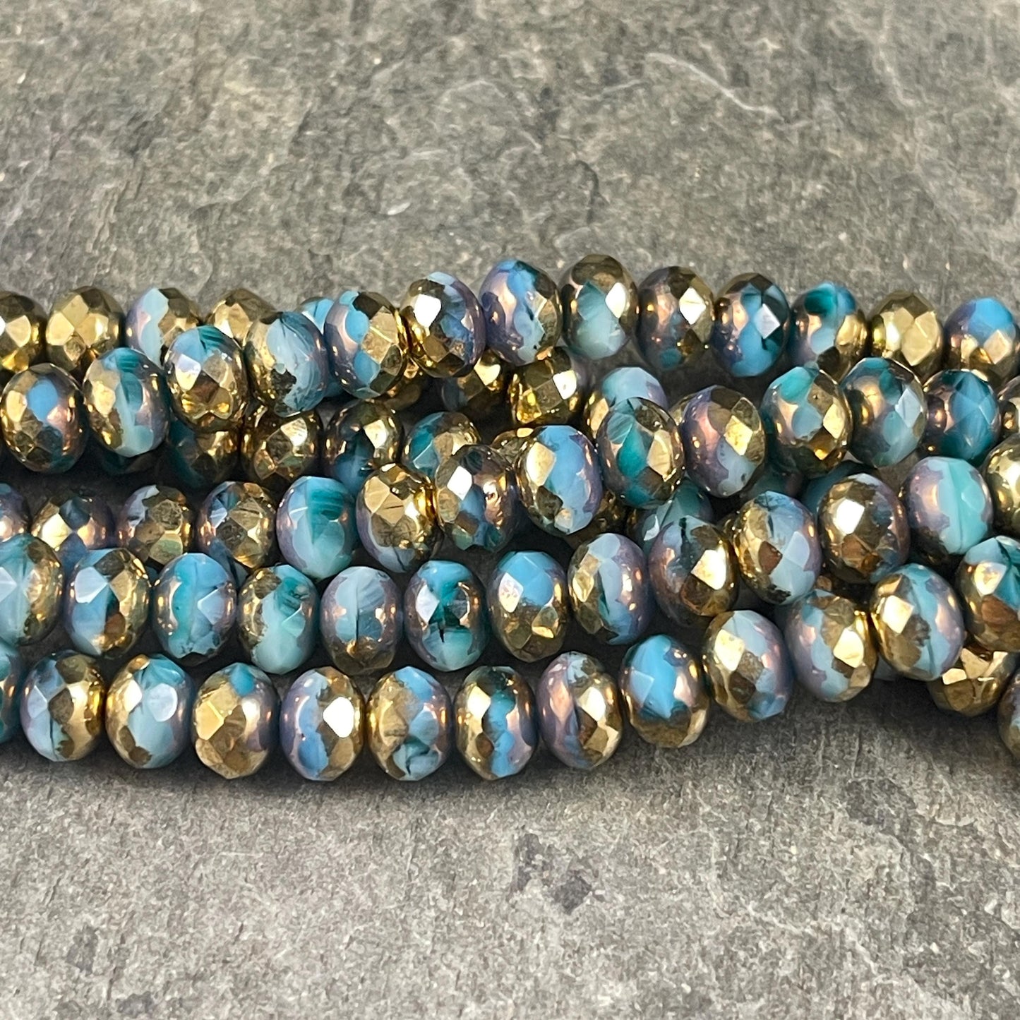 Czech Glass Beads - 7x5mm Faceted Rondelles, Blue with Metallic Gold Picasso (R7/OB-70) * Qty. 25