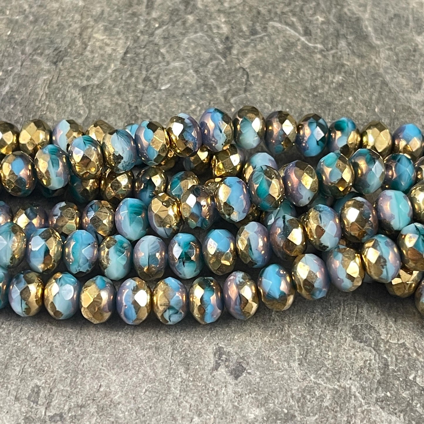 Czech Glass Beads - 7x5mm Faceted Rondelles, Blue with Metallic Gold Picasso (R7/OB-70) * Qty. 25