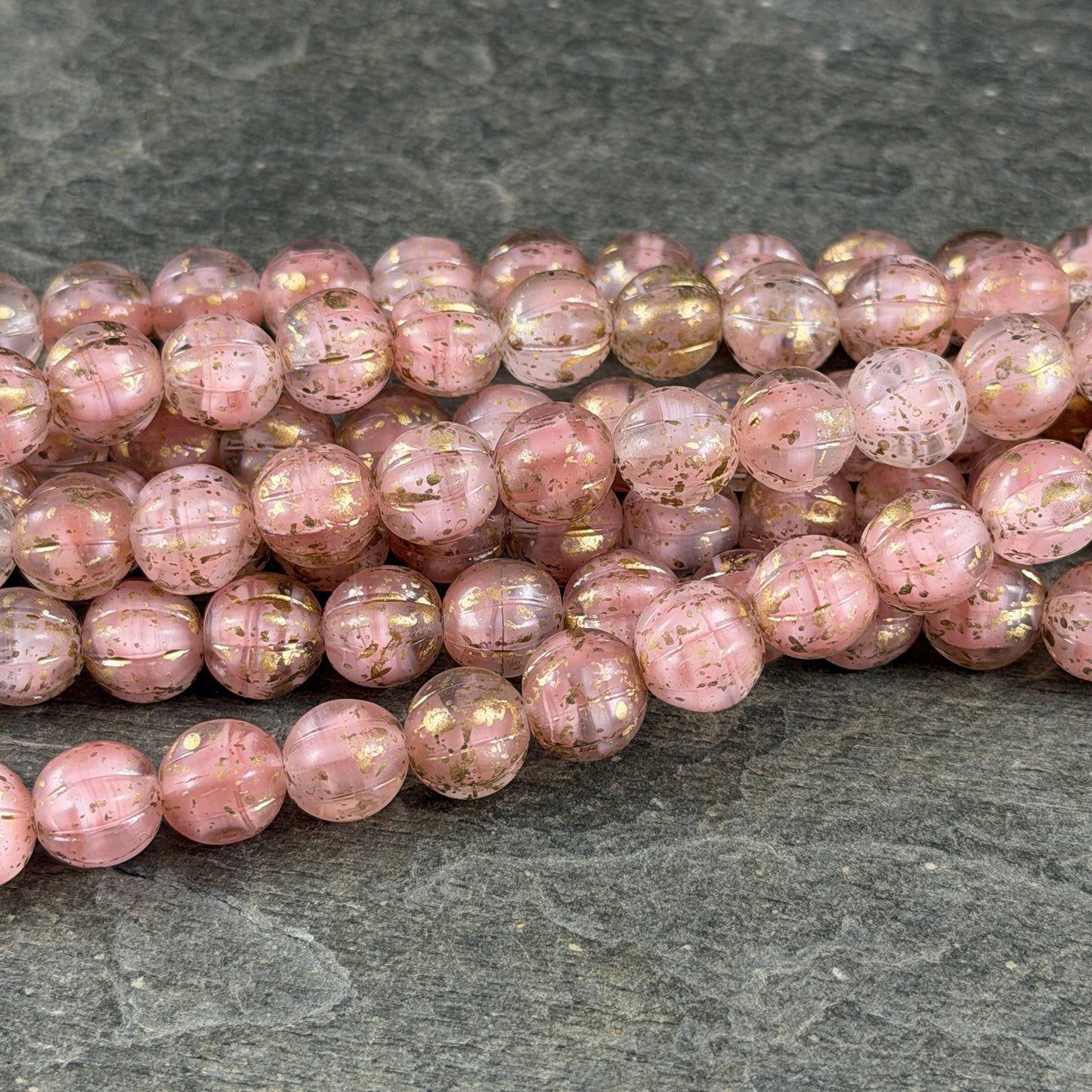 Czech Glass Beads - 8mm Round Melon, Pastel Pink and Crystal Clear with Gold Wash (ML8/44) * Qty. 16