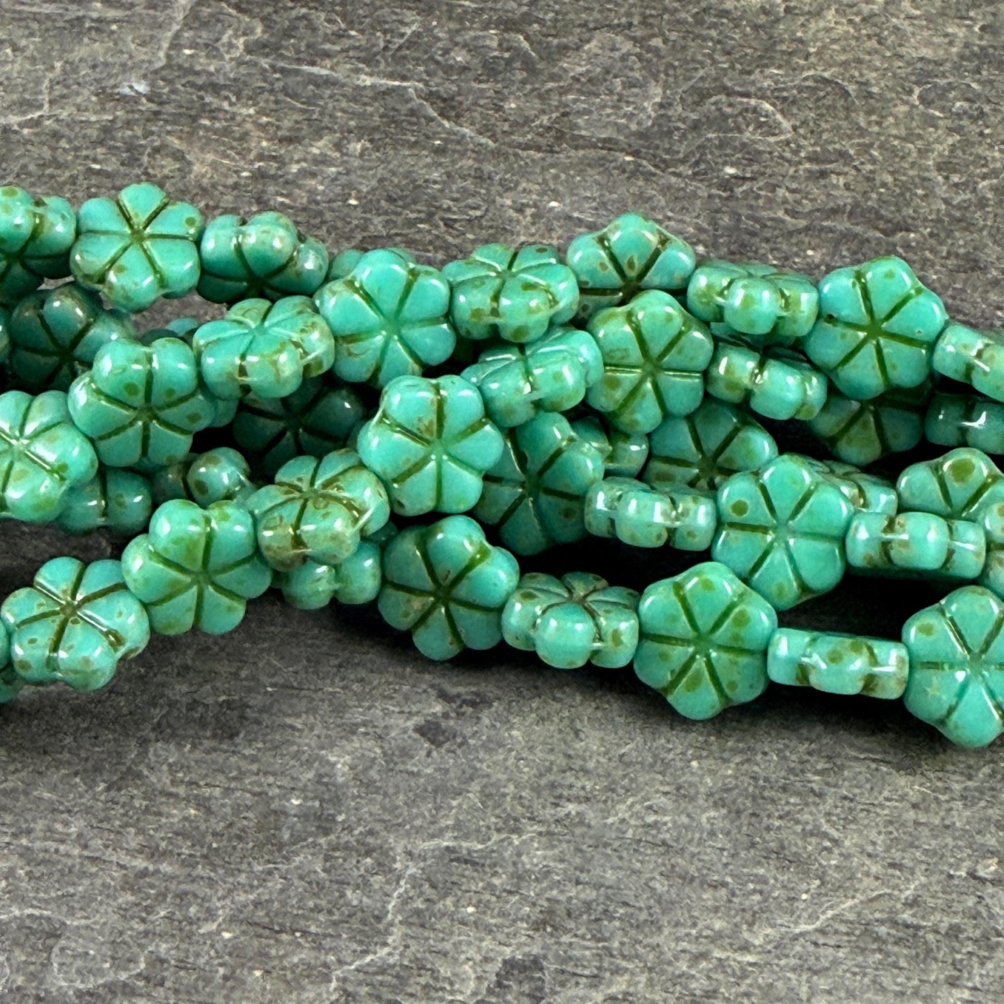 Czech Glass Beads - 10mm Flower Coin, Turquoise Green Picasso (PFMN-4) * 15 Beads