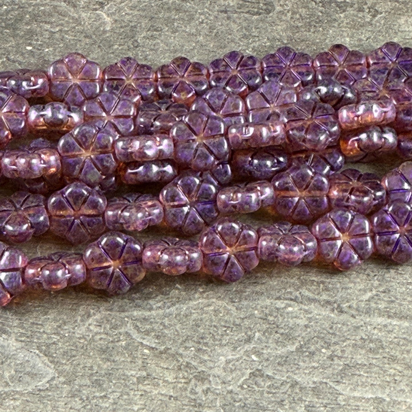 Czech Glass Beads - 10mm Flower Coin, Topaz Picasso with Purple Wash (PFMN-8) * 15 Beads