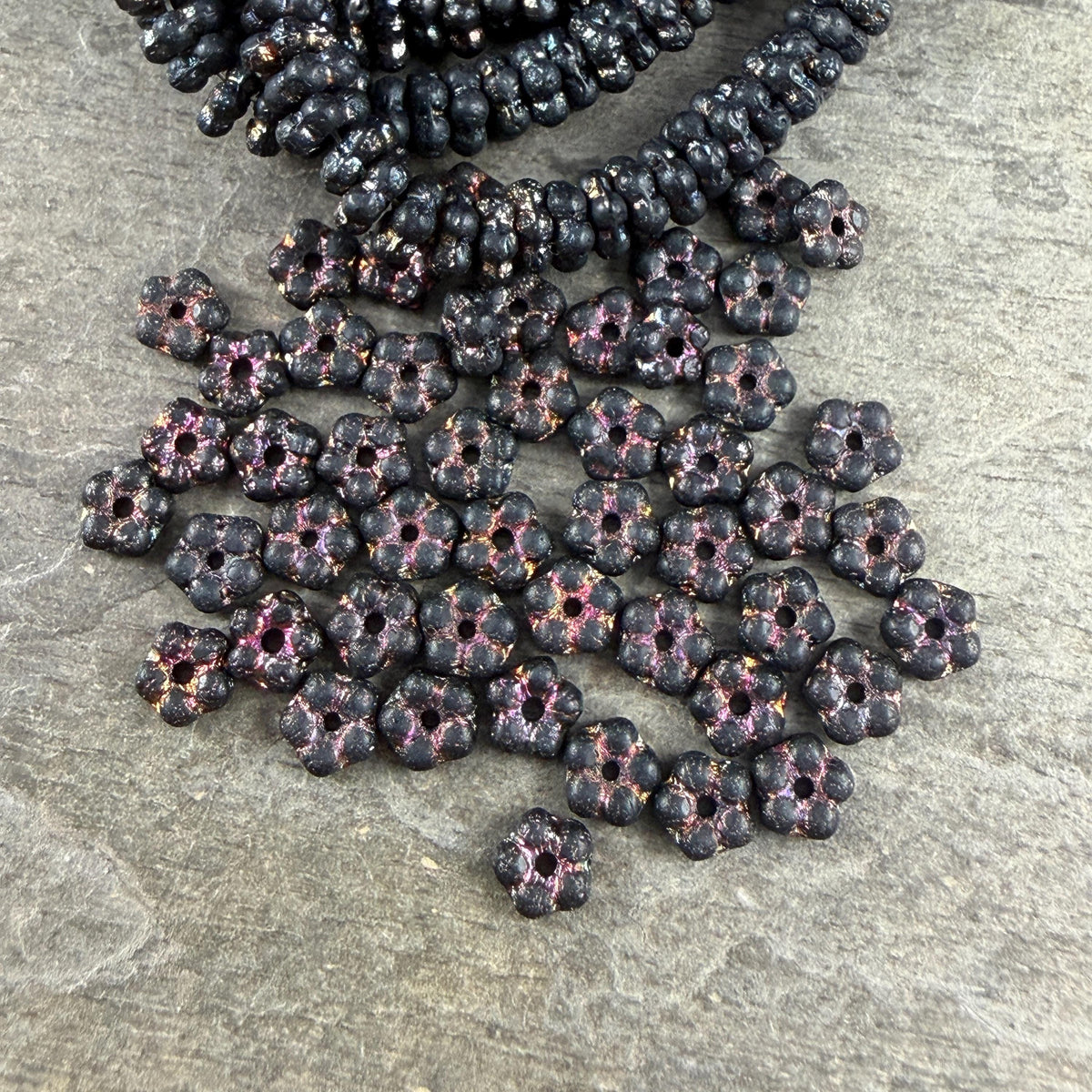 Czech Glass Beads - 5mm Flower Spacer Beads, Etched Black with Volcano Wash (FMN/N-0124) * Qty. 50