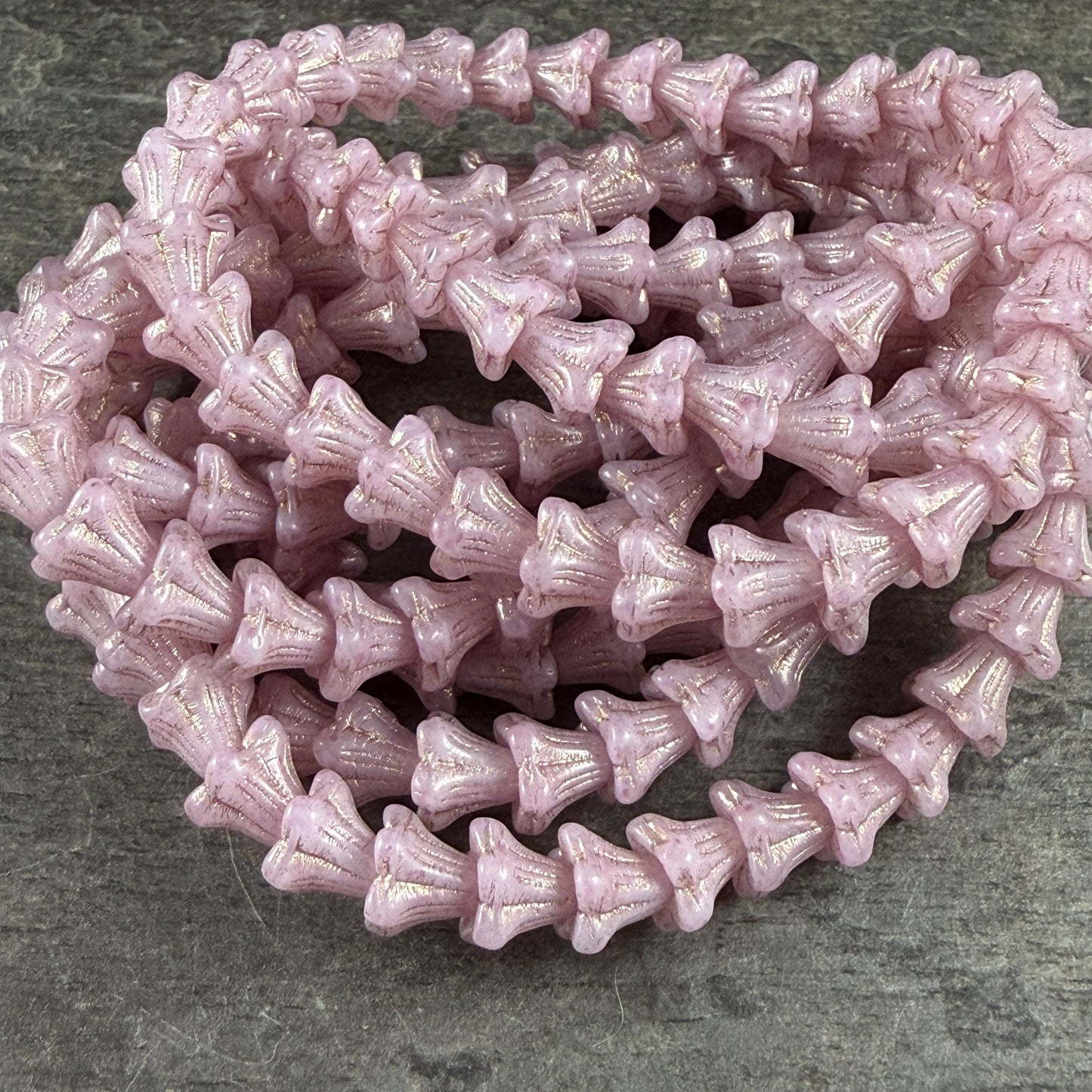 Czech Beads - 5x6mm Small Trumpet Flower, Pale Pink with Gold Wash(FLO/N-0510) * 30 Beads
