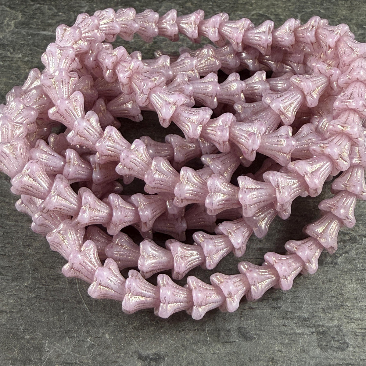Czech Beads - 5x6mm Small Trumpet Flower, Pale Pink with Gold Wash(FLO/N-0510) * 30 Beads