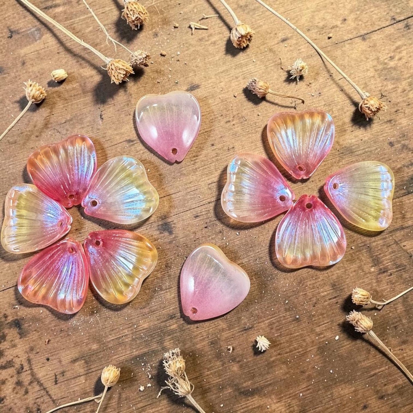 Glass Flower Petals, 16mm Petal Shaped Beads, Fuchia & Yellow * 12 Beads