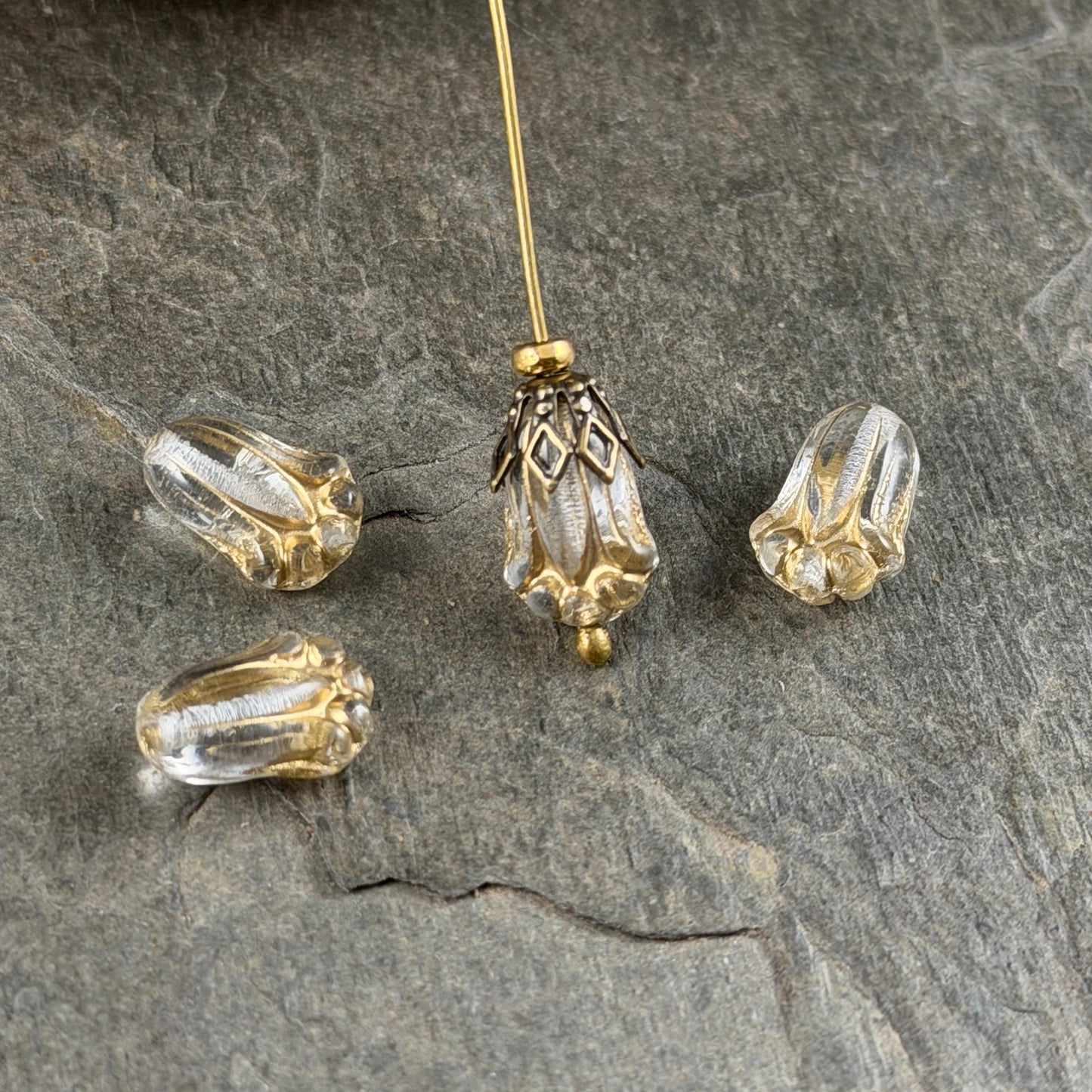 Czech Glass Flower Beads - 12x8mm Lily Bud, Clear Glass with Gold Wash (LBud32) * Qty. 12