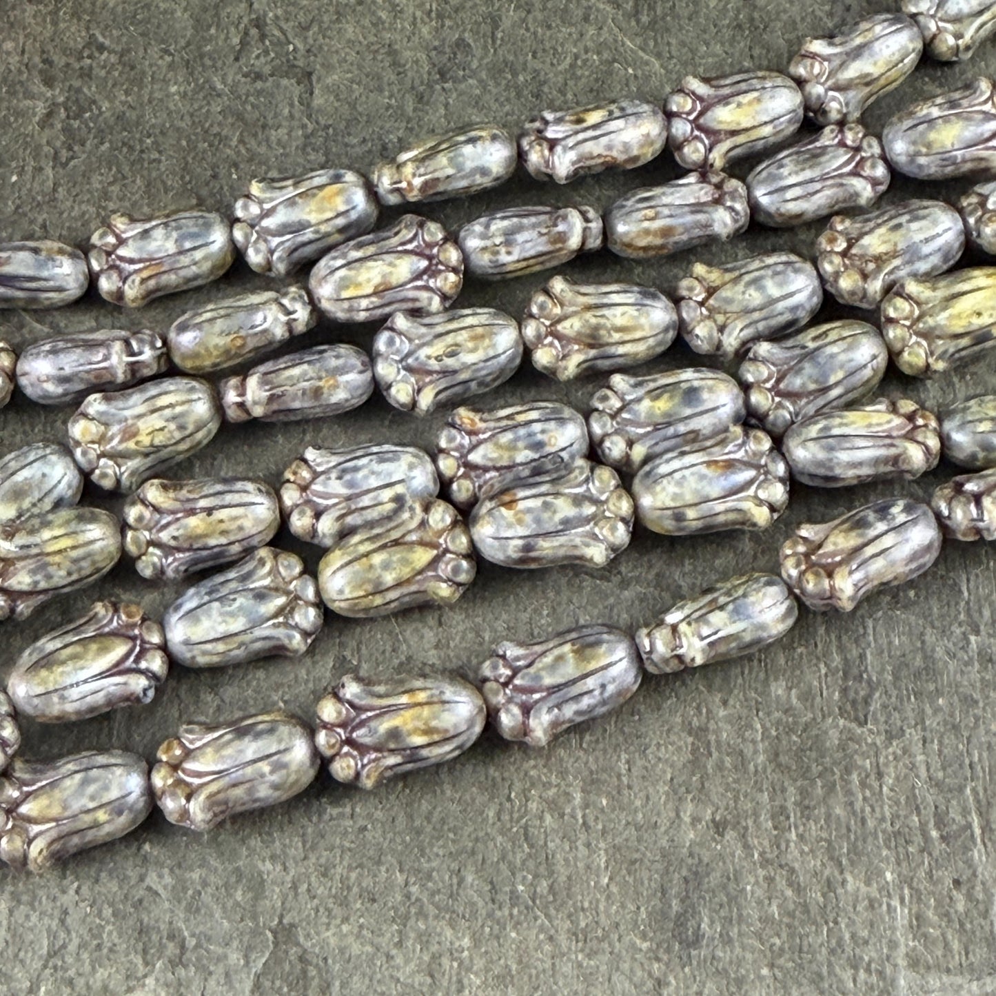 Czech Glass Flower Beads - 12x8mm Lily Bud, Alabaster with Indigo Picasso (LBud36) * Qty. 12