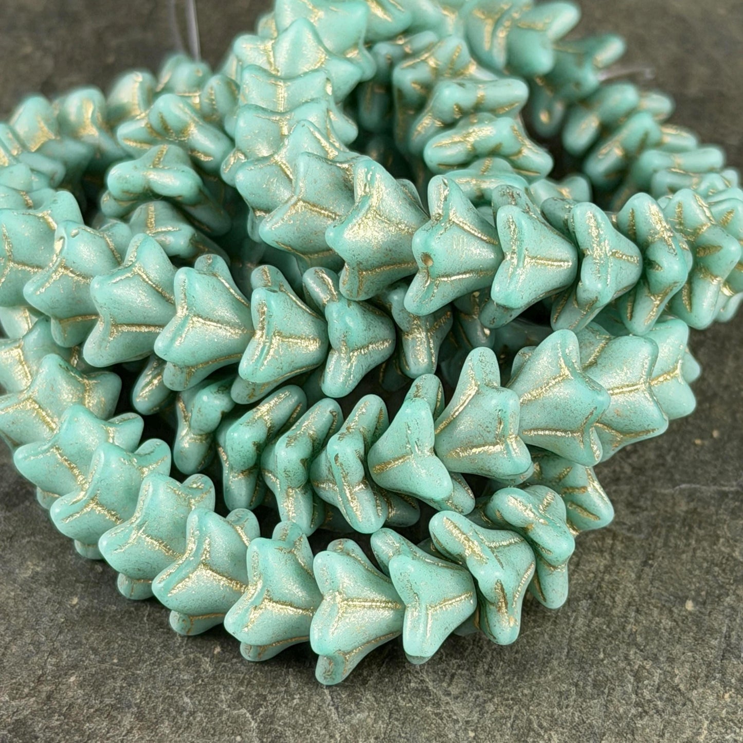Czech Glass Beads - 5x8mm Bell Flower, Sea Foam Green with Gold Wash (FLO/N-0239) * 25 Beads