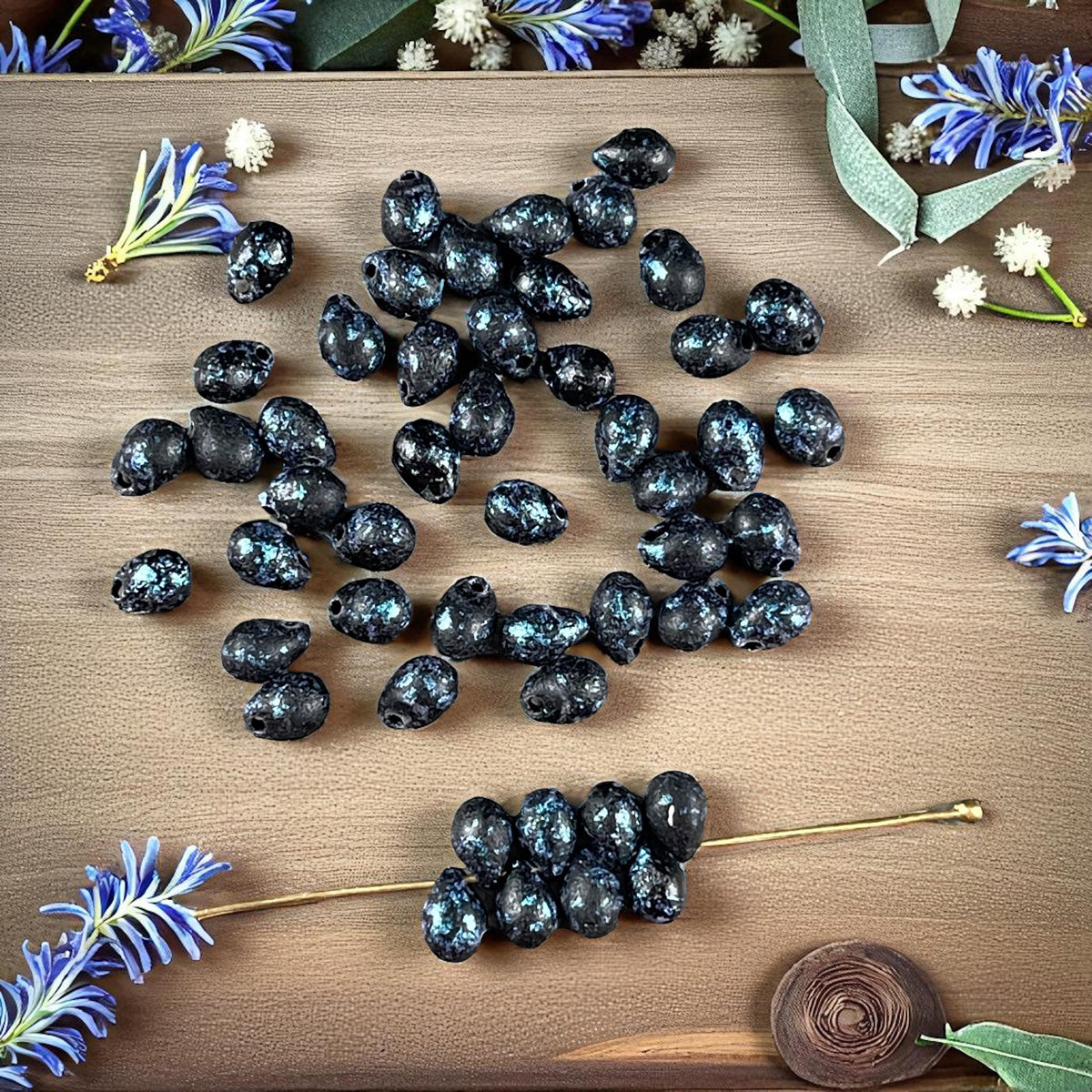 Czech Glass Beads - 7x5mm Briolette Tear Drop, Black with Metallic Blue Wash (DRO/N-0235) * 50 Beads