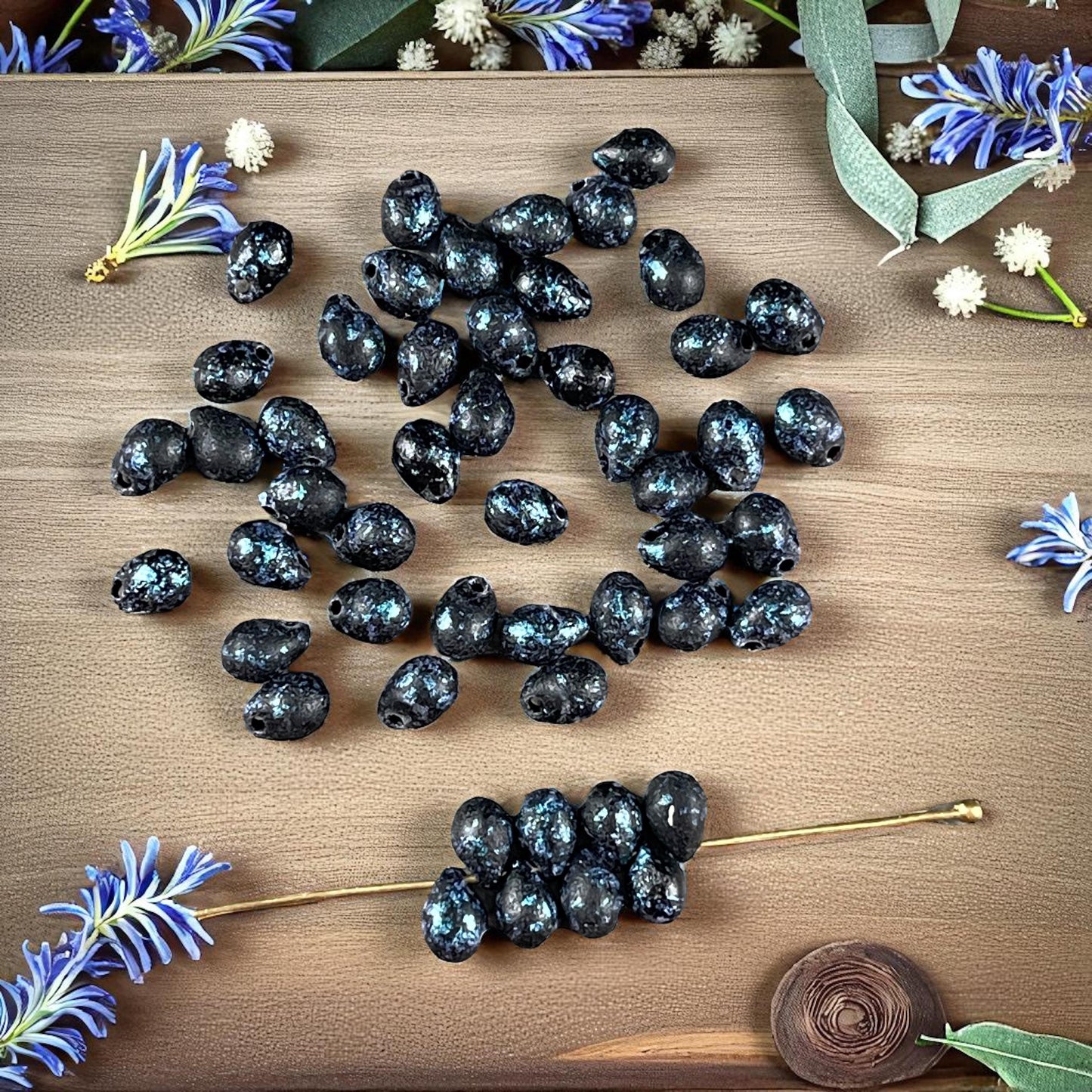 Czech Glass Beads - 7x5mm Briolette Tear Drop, Black with Metallic Blue Wash (DRO/N-0235) * 50 Beads