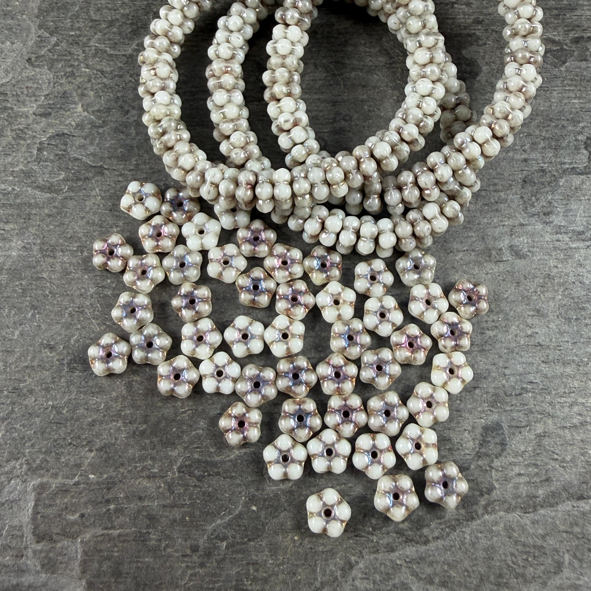 Czech Glass Beads - 5mm Flower Spacer Beads, Beige, with Volcano Wash (FMN/N-0220) * Qty. 50