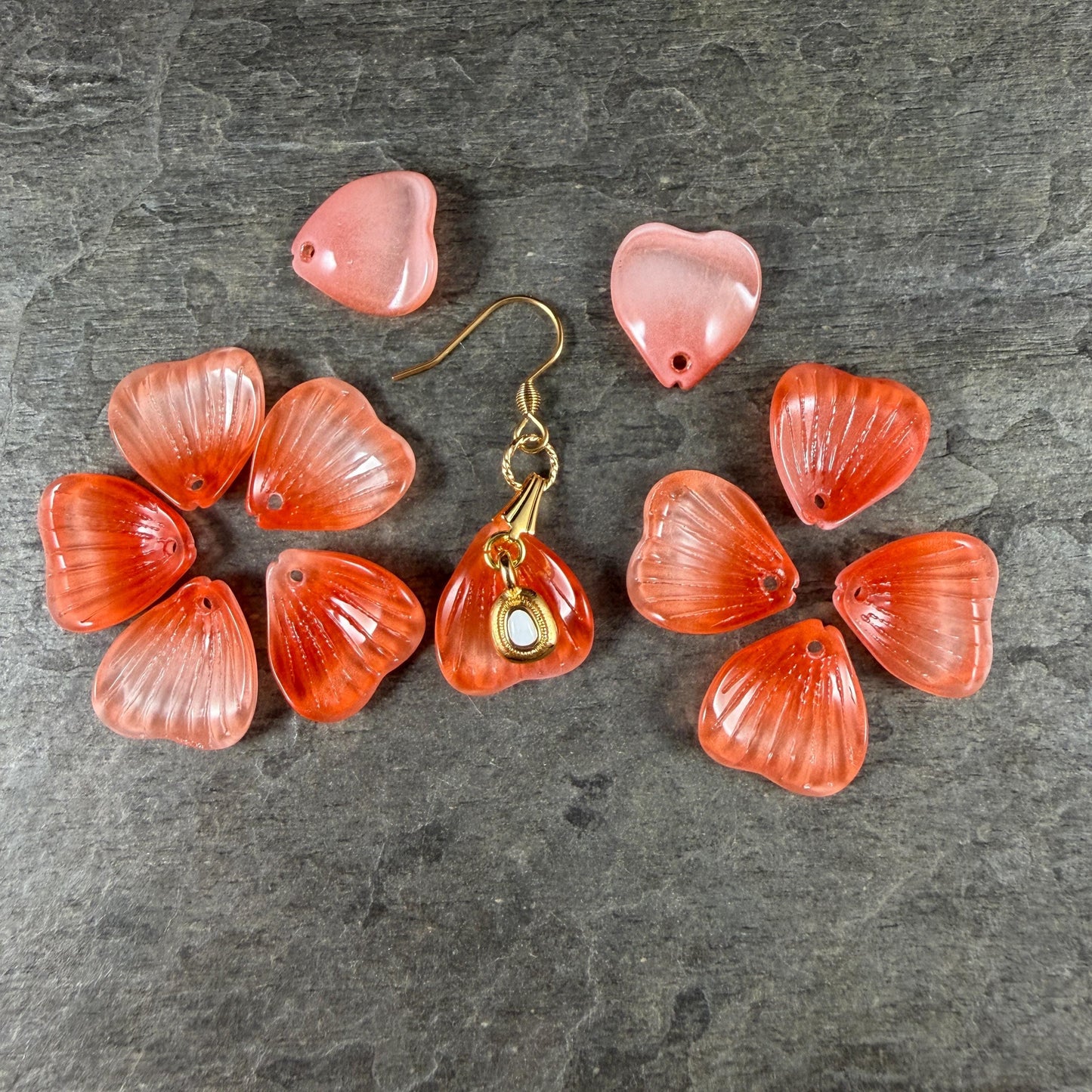 Glass Flower Petals, 16mm Petal Shaped Beads, Dark Orange, Coral * 12 Beads