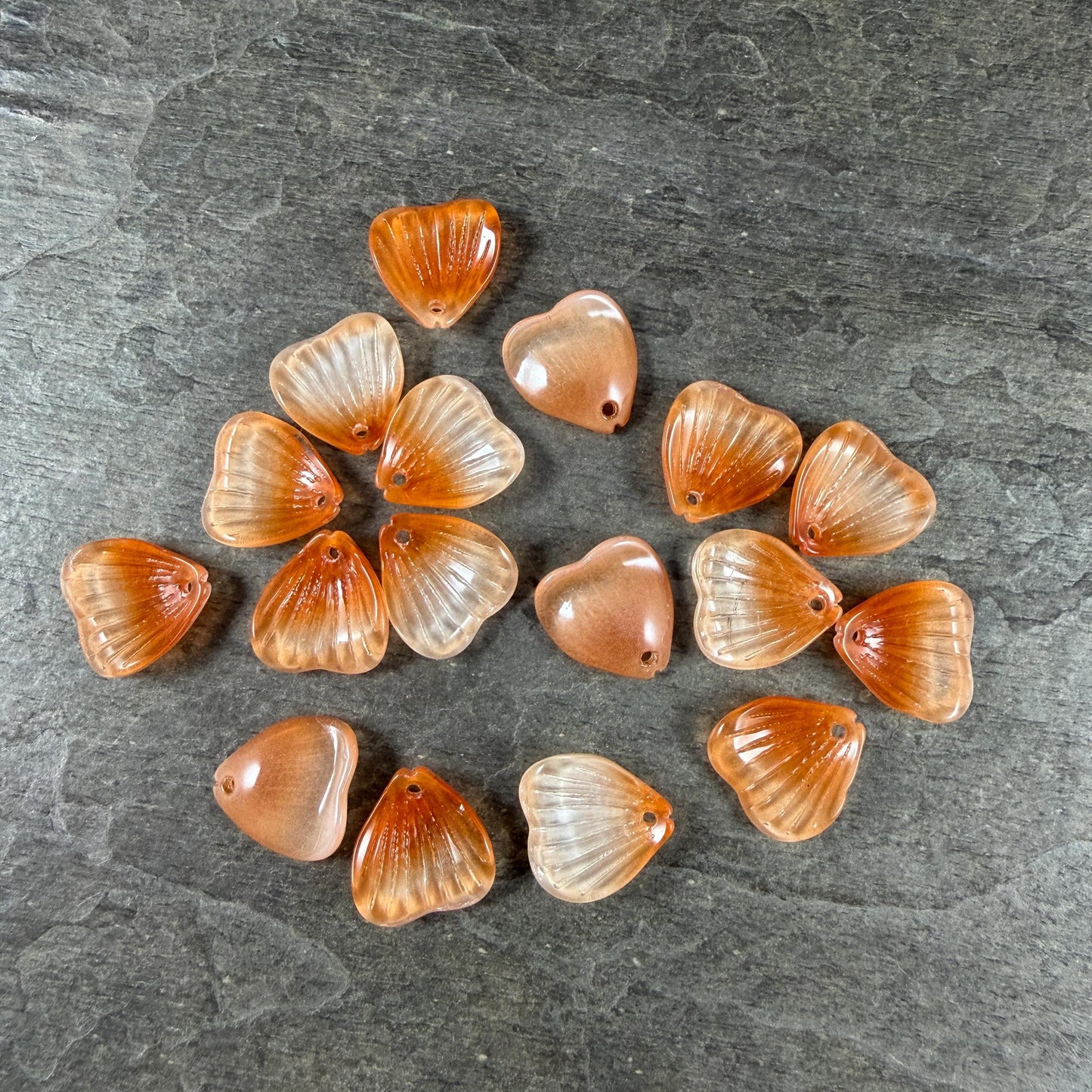 Glass Flower Petals, 16mm Petal Shaped Beads, Peachy Orange * 12 Beads