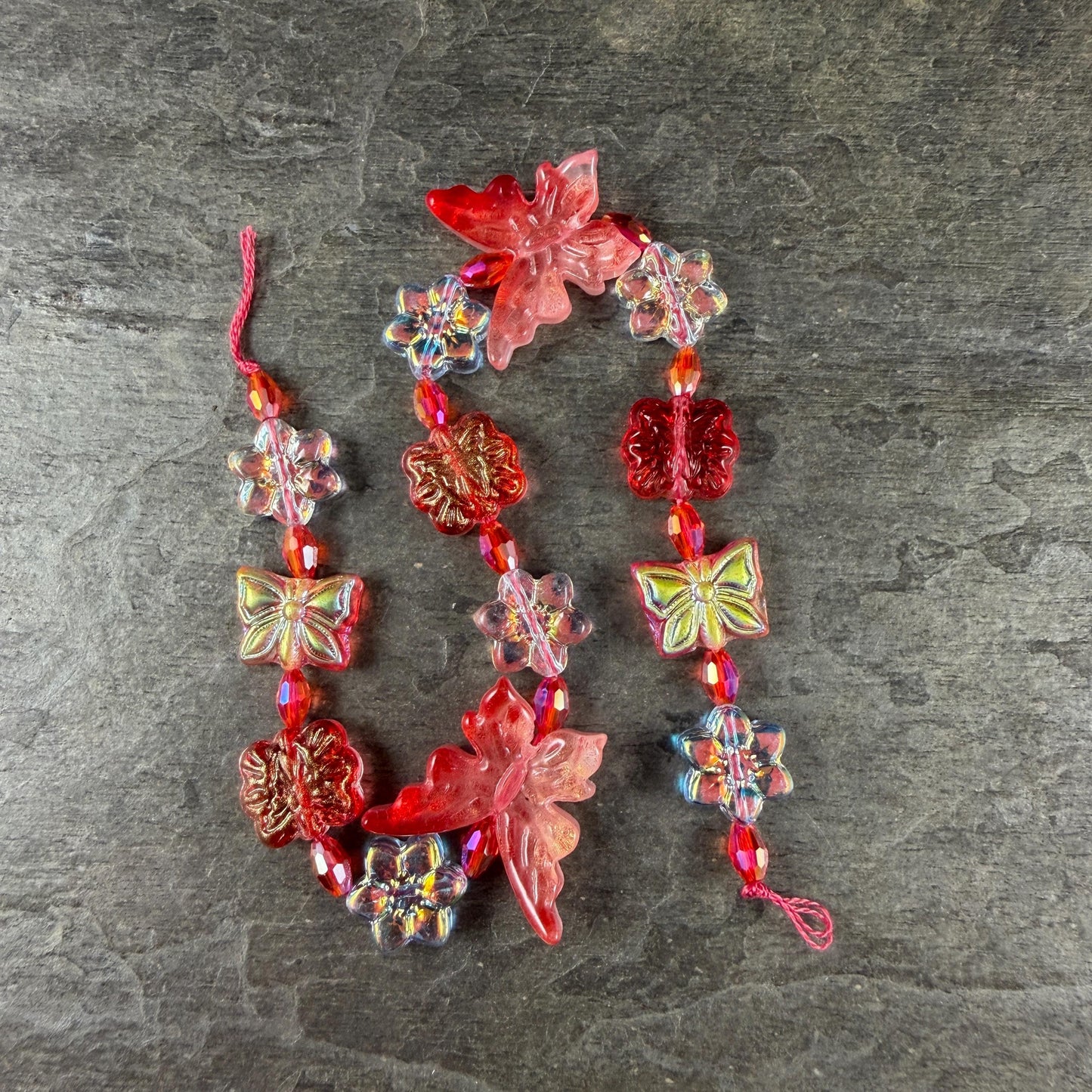 Butterfly Beads and Glass Flowers, Coral Red and White/Clear Exclusive Bead Bungalow Mix (DZ-526.09) - 10" Strand