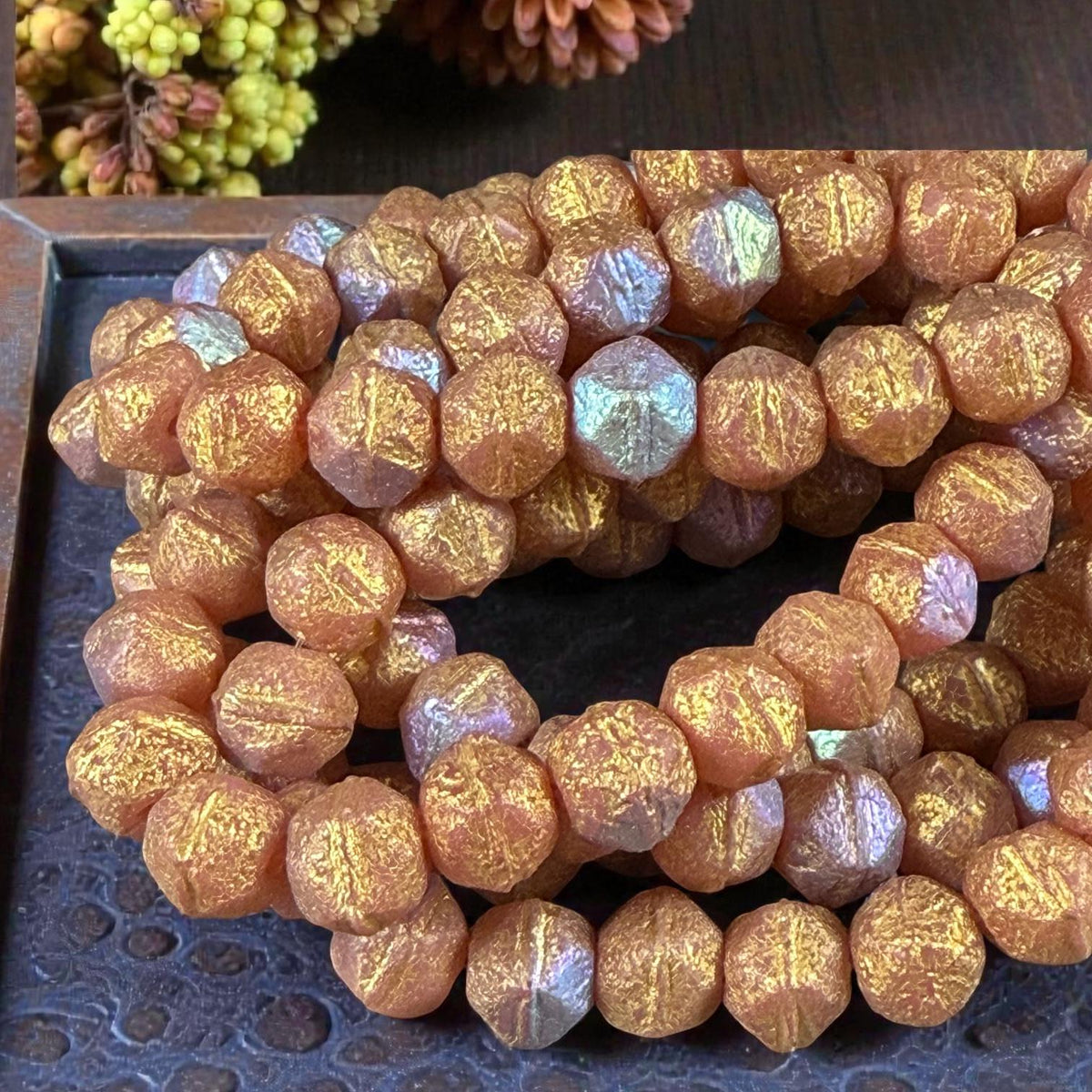 Czech Glass Beads, 8mm English Cut, Etched Salmon Pink with AB and Gold Finishes (EC8/N-0225) * Qty. 20
