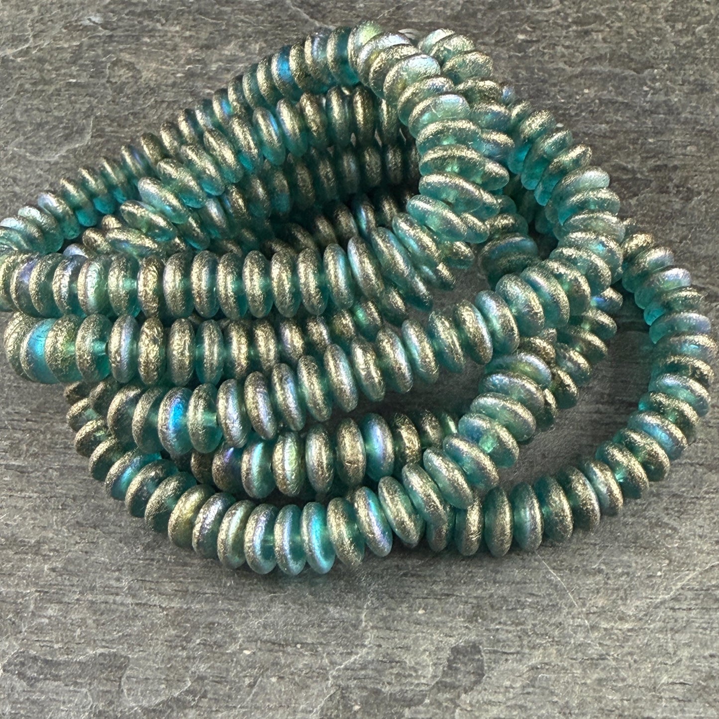 Czech Glass Beads - 6x2mm Heishi Rondelle, Etched Aqua with Gold and AB Finish (DSC/N-2026) * Qty. 50