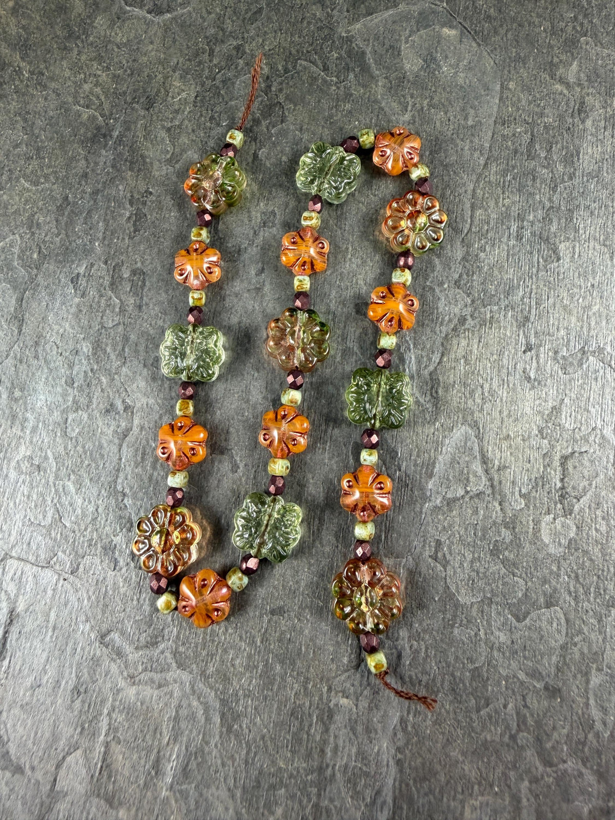 Orange and Green Flower Mix, Exclusive Bead Soup (DZ526.13) - 14" Strand