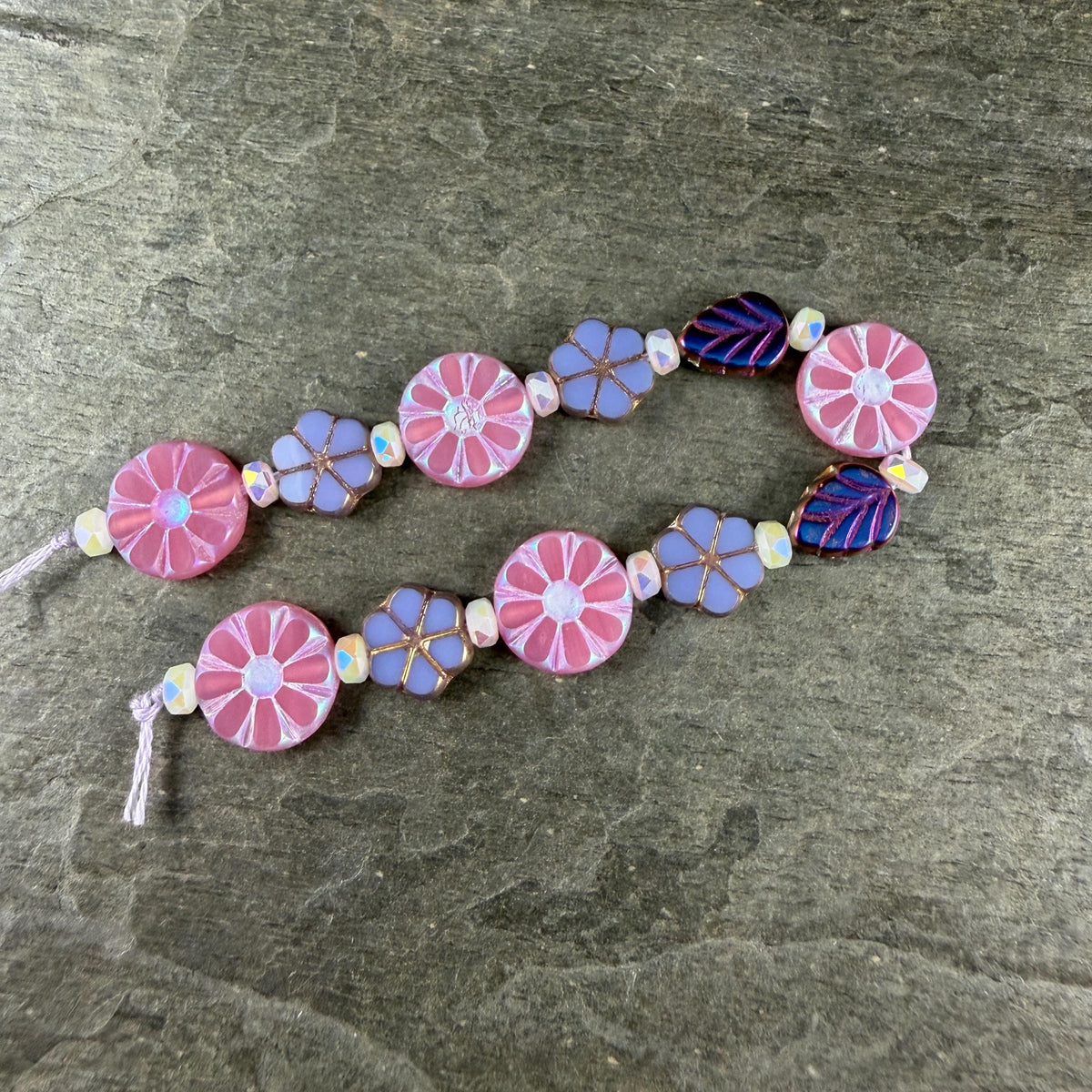 Czech Glass Bead Mix, Floral Theme, Pink and Purple (DZ-526.16) * 6" Strand of 23 Beads