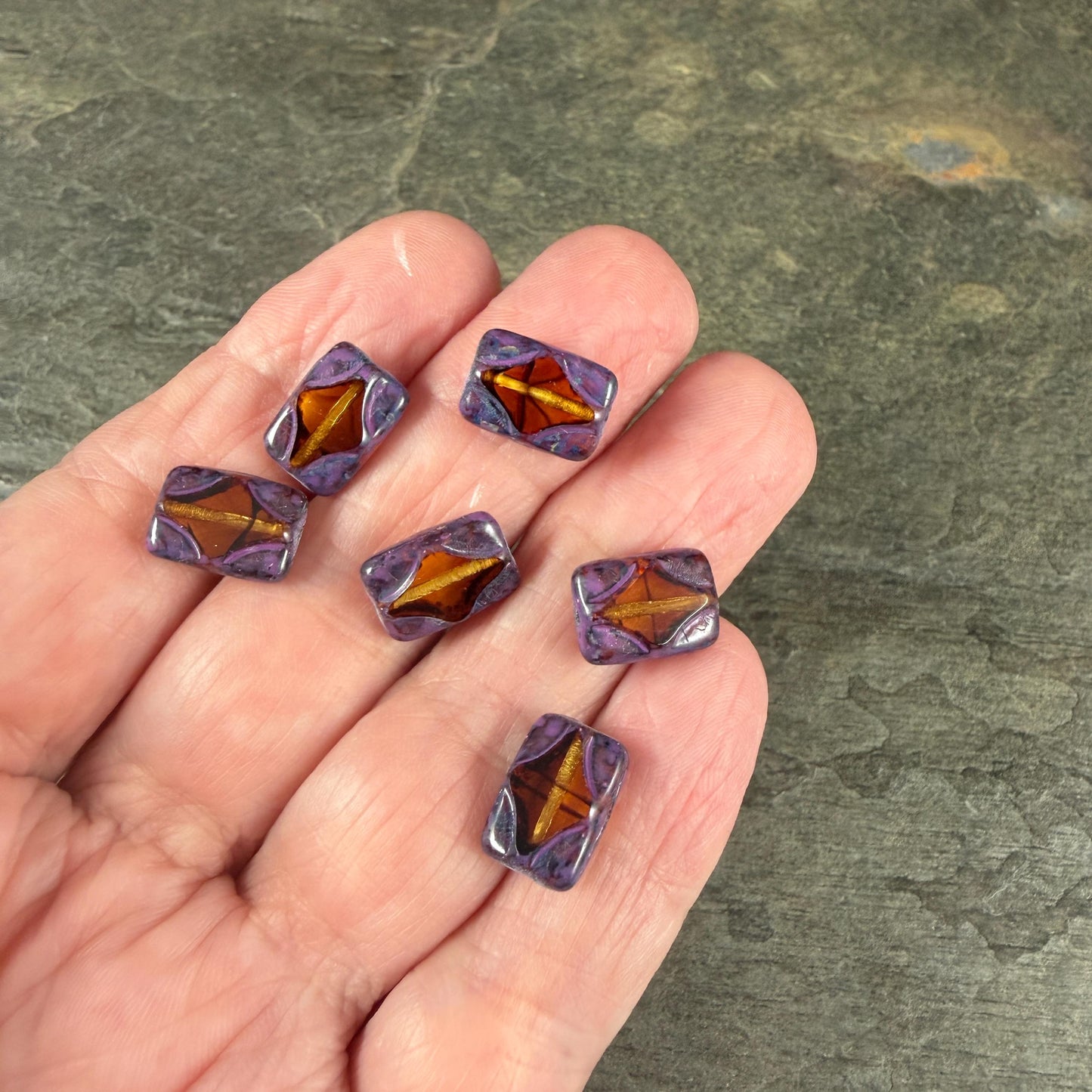 Czech Beads - 12x8mm Table-Cut Rectangle, Transparent Topaz with Purple Wash (TCDR3) * 8 Beads
