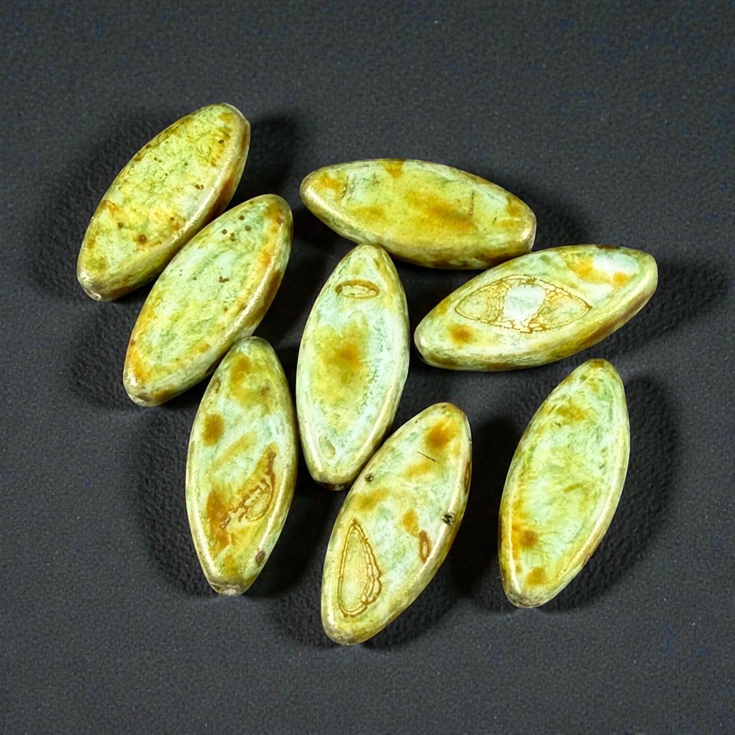 Czech Glass - 17x8mm Marquise Spindle Bead, Alabaster Moss Green Picasso (PSpndl-15) * 8 Beads
