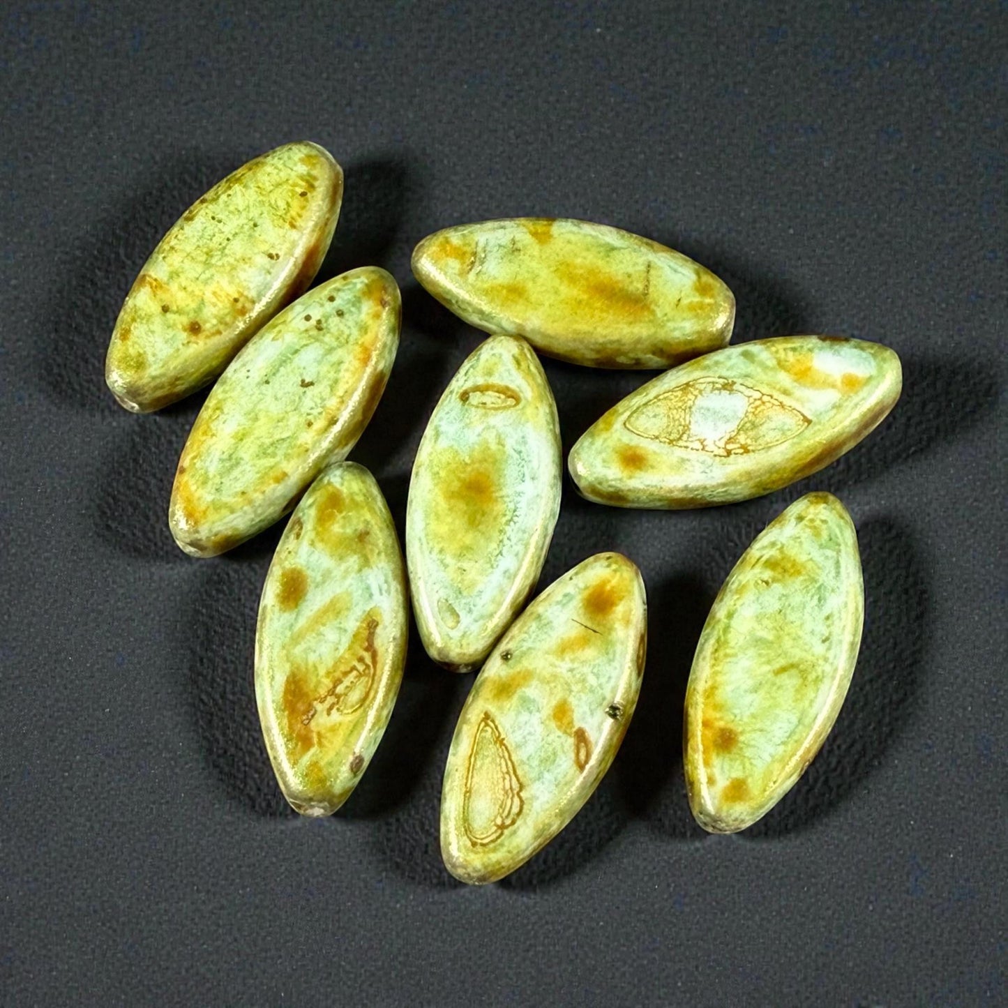 Czech Glass - 17x8mm Marquise Spindle Bead, Alabaster Moss Green Picasso (PSpndl-15) * 8 Beads