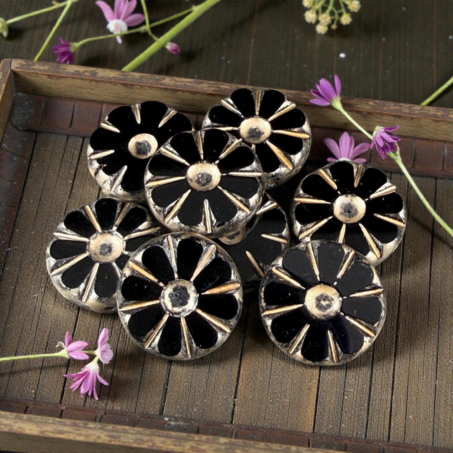 Czech Glass Beads, 12.5mm Table-Cut Coin, Black with Gold Wash (TCF-68) * Qty. 8
