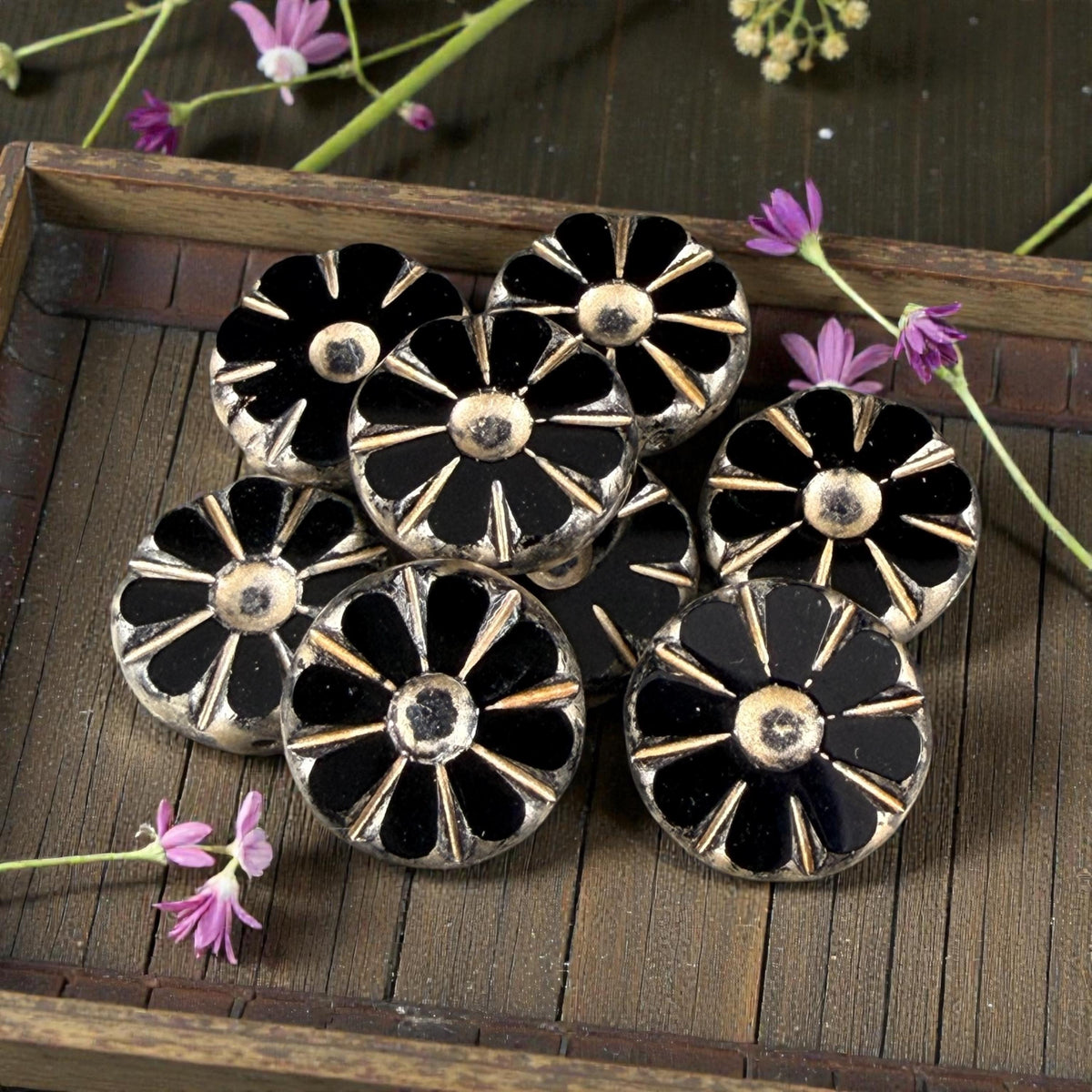 Czech Glass Beads, 12.5mm Table-Cut Coin, Black with Gold Wash (TCF-68) * Qty. 8