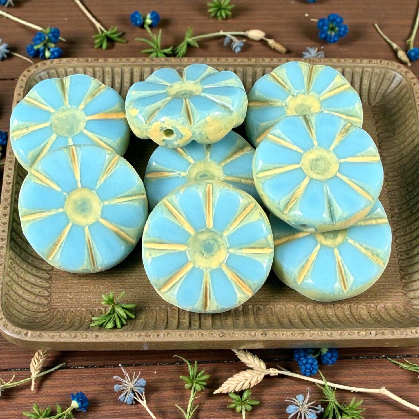 Czech Glass Beads, 12.5mm Table-Cut Coin, Opaque Arctic Blue with Yellow Wash (TCF-74) * Qty. 8