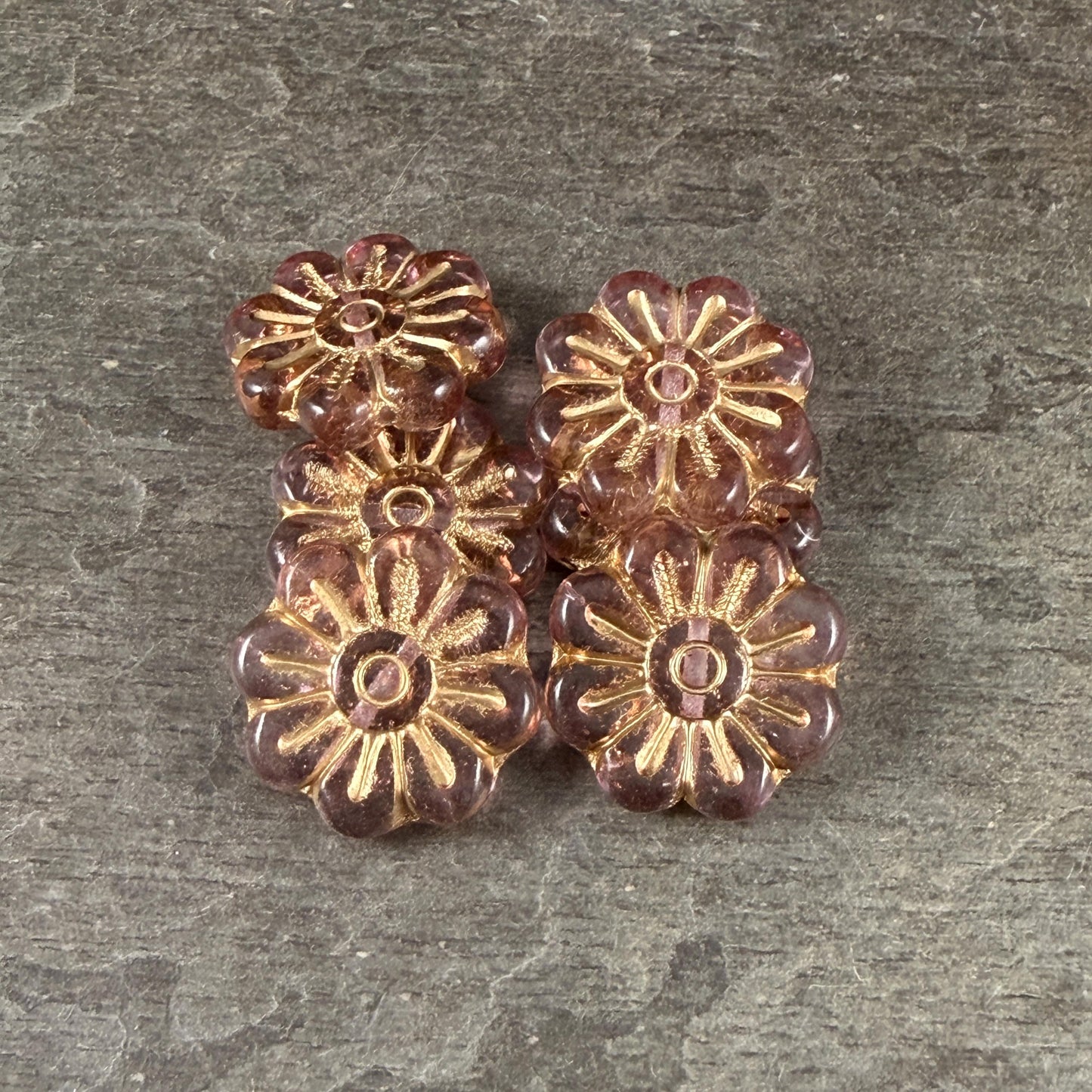 Czech Glass Beads - 17mm Daisy Flower, Pale Lavender with Gold Wash (PLD-13) * 6 Beads