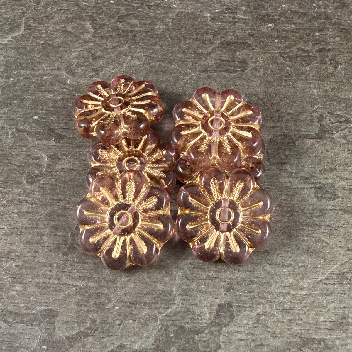 Czech Glass Beads - 17mm Daisy Flower, Pale Lavender with Gold Wash (PLD-13) * 6 Beads