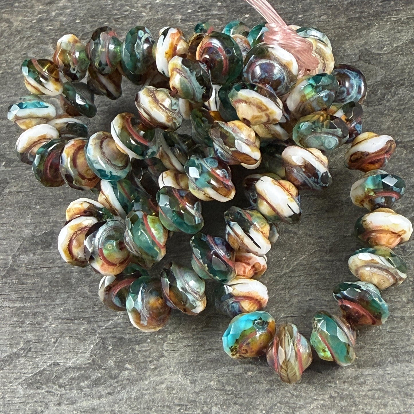 Czech Glass Beads - 6x8mm Faceted Bicone, Aqua, White and Topaz with Picasso (SAT/N-0403) * 15 Beads