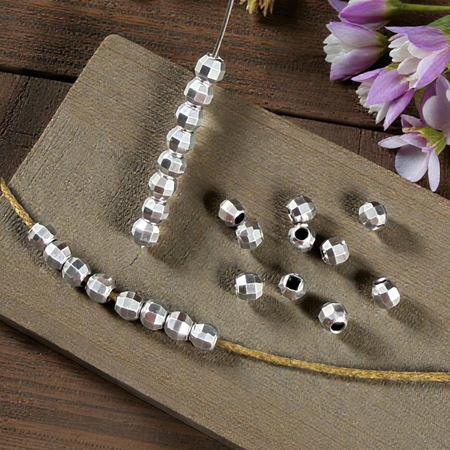 Faceted 4mm Round Bead, Antiqued Silver Plated Brass (PF/792-40-77) * Qty. 20