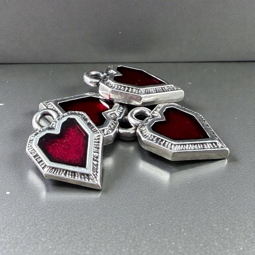 Antiqued Silver Heart Charm with Red Enamel, Silver Plated Zamak (PF/539-77) * Qty. 6