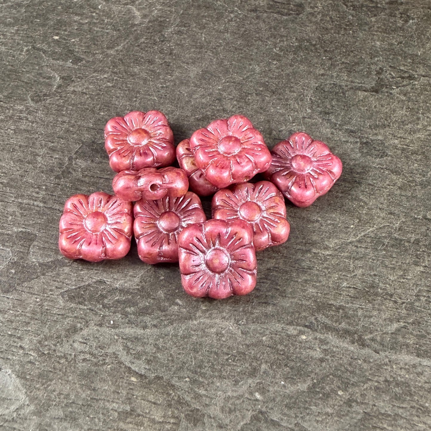 Czech Glass Beads - 10mm Zinnea Square, Red Flower Bead with Copper Wash (Zsq12) * Qty. 13
