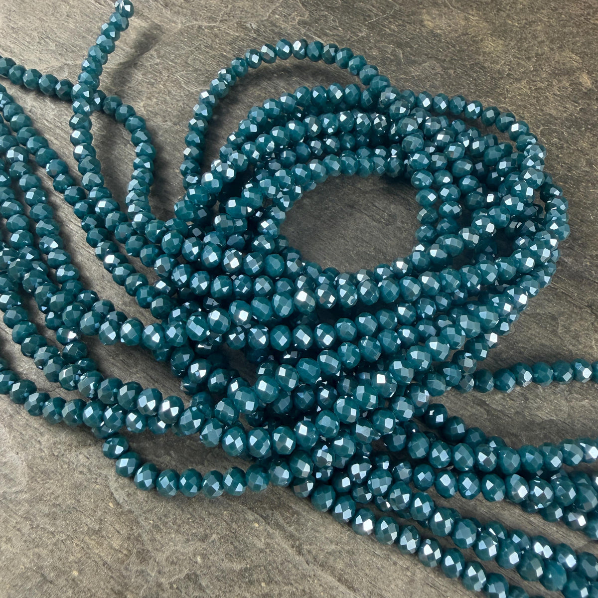 4x3mm Faceted Glass Beads, Opaque Teal Rondelles (DkTeal-4) * 14" Strand