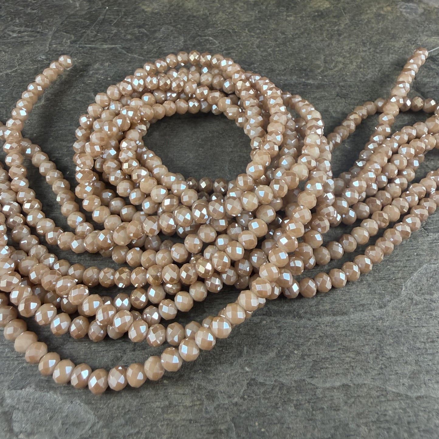 4x3mm Faceted Glass Beads, Light Tan with AB Finish (LtTanAB-4) * 14" Strand