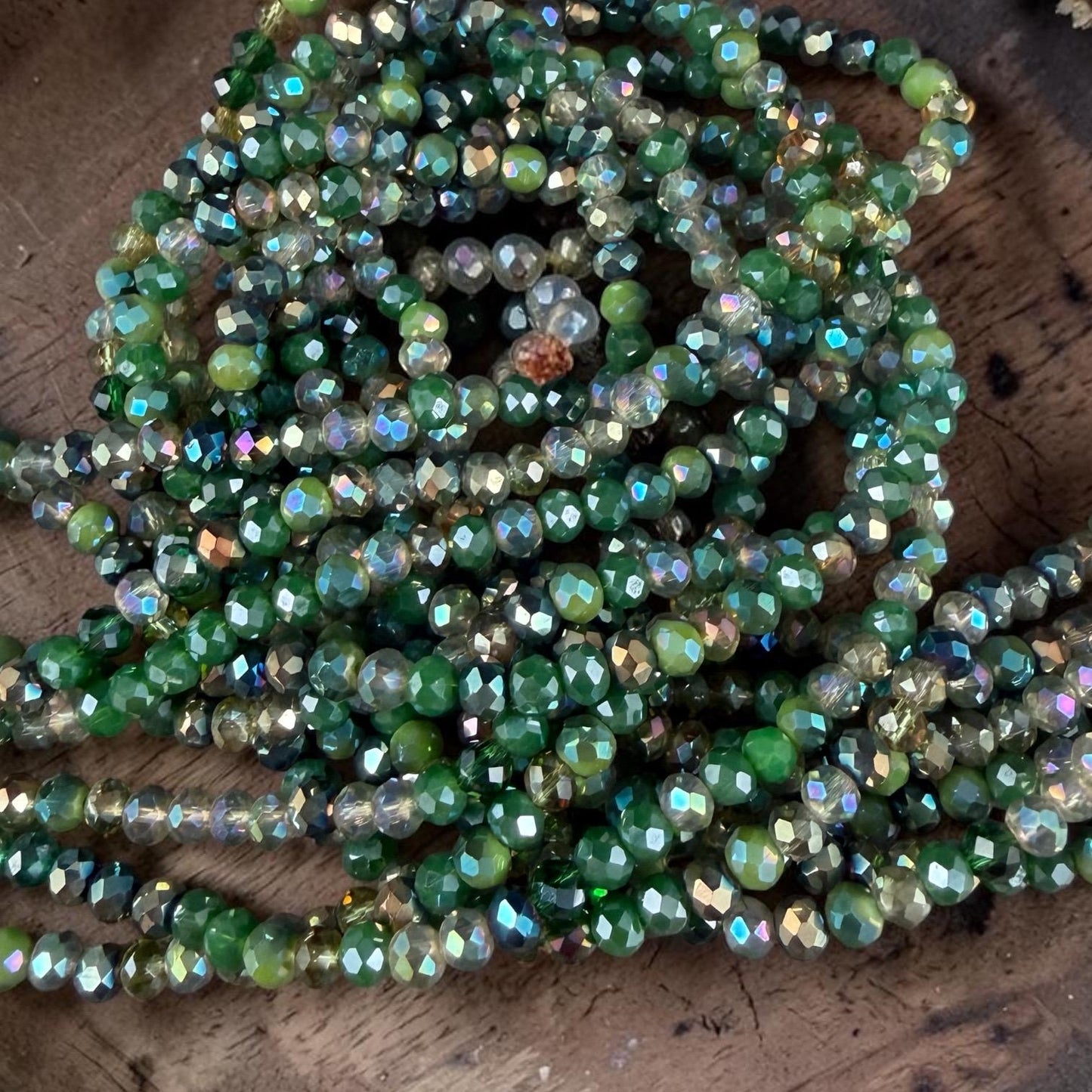 4x3mm Faceted Glass Beads, Mixed Green, Bead Soup (MixedGreens-4) * 13" Strand