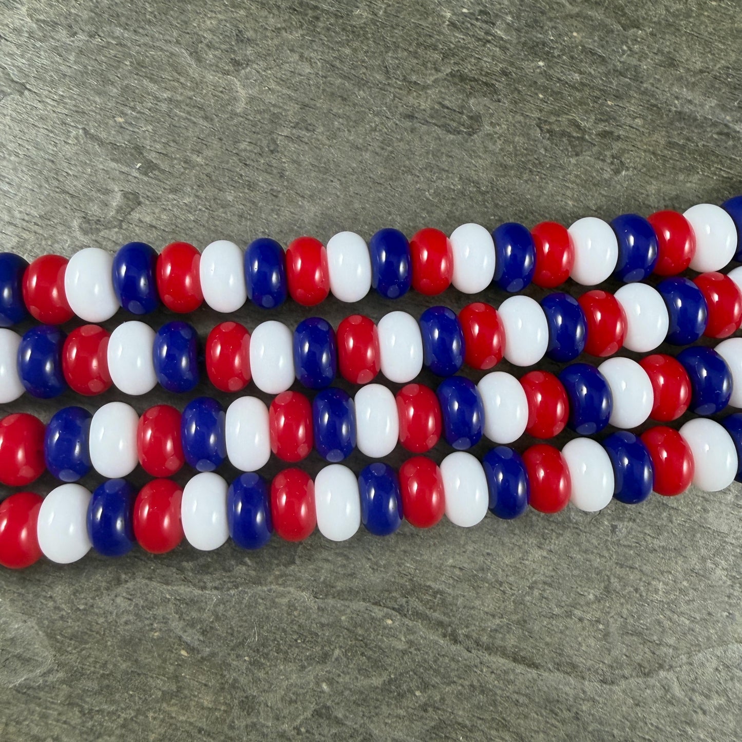 Patriotic Red, White and Blue Bead Mix, 8x5mm Opaque Glass Rondelles - 36 Beads - 7" Strand