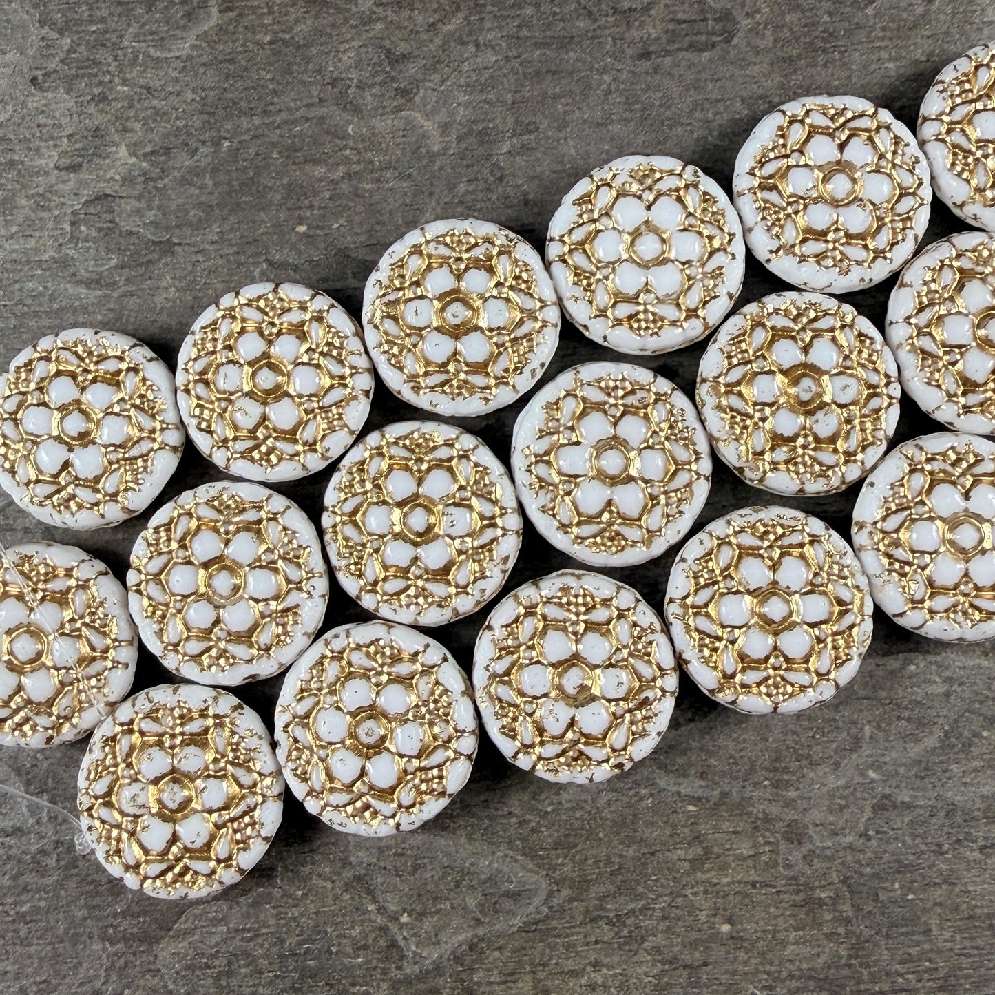 Czech Glass Beads - 18mm Coin with Floral Design, White with Gold Wash (Posy6) * Qty. 4