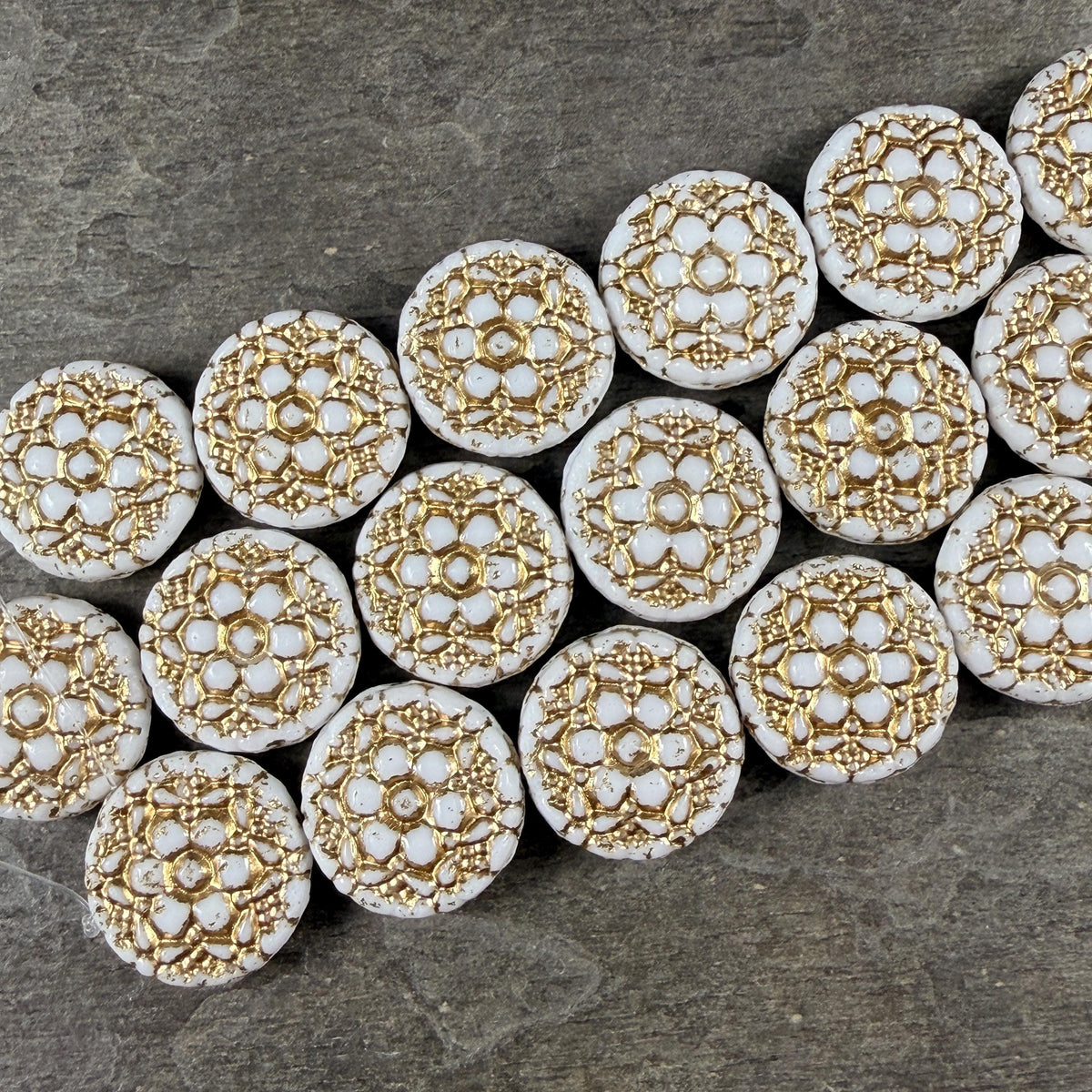Czech Glass Beads - 18mm Coin with Floral Design, White with Gold Wash (Posy6) * Qty. 4