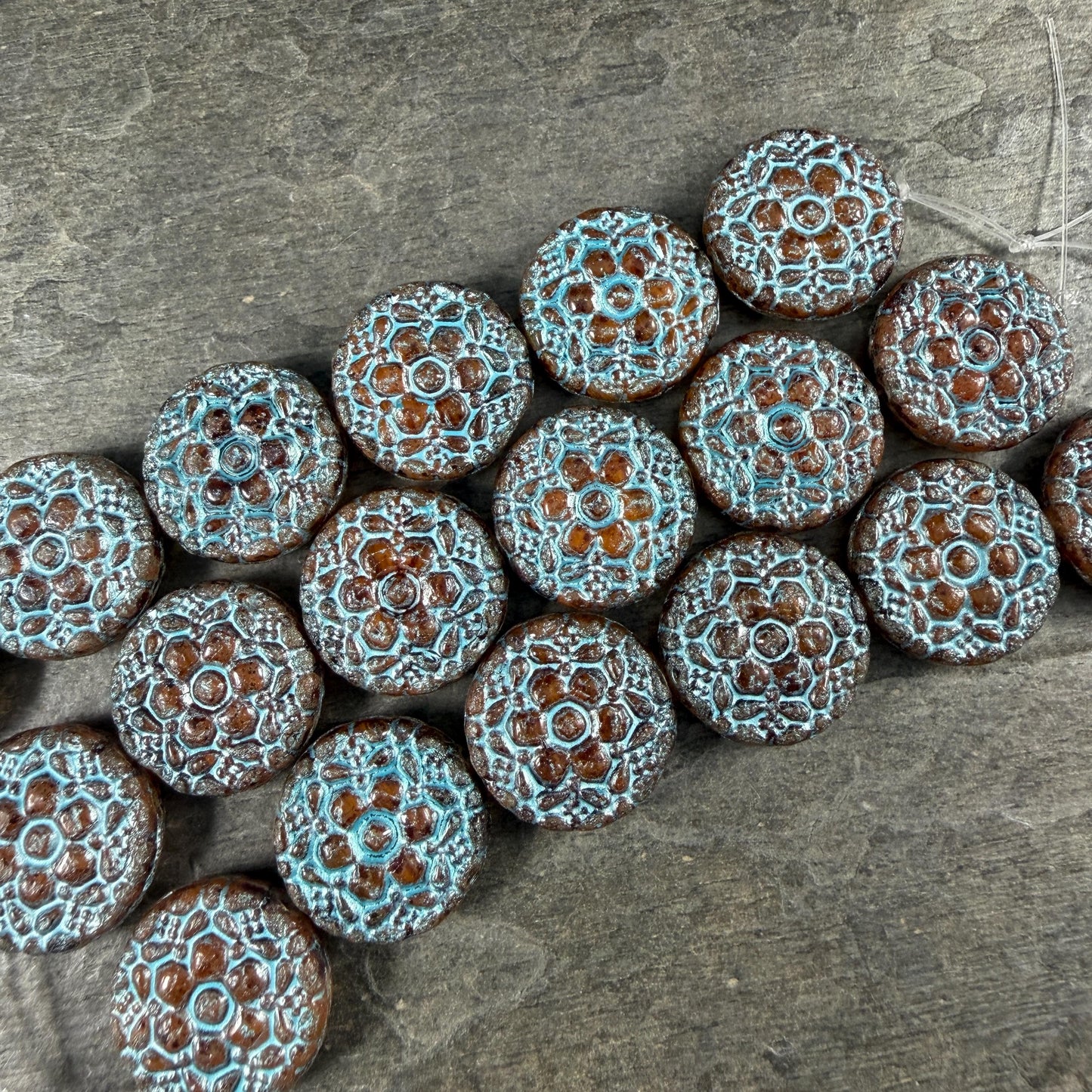 Czech Glass Beads - 18mm Floral Theme Coin, Brown with Turquoise Wash (POSY3) * Qty. 4